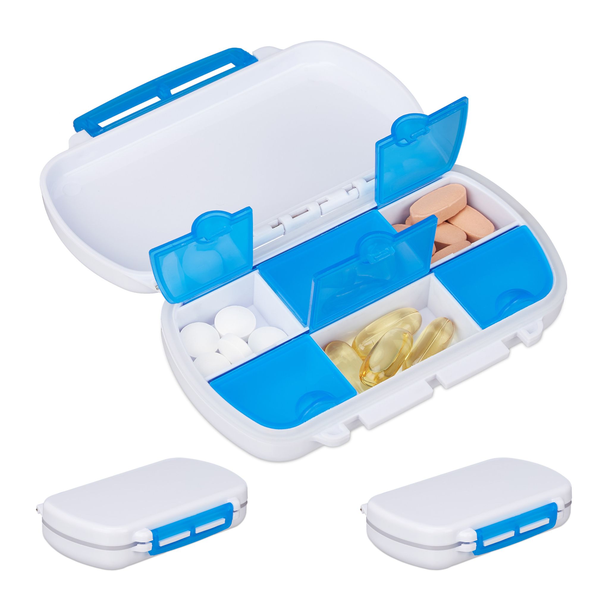 Tablettendose 6 Fächer 3er-Set Weiss-Blau