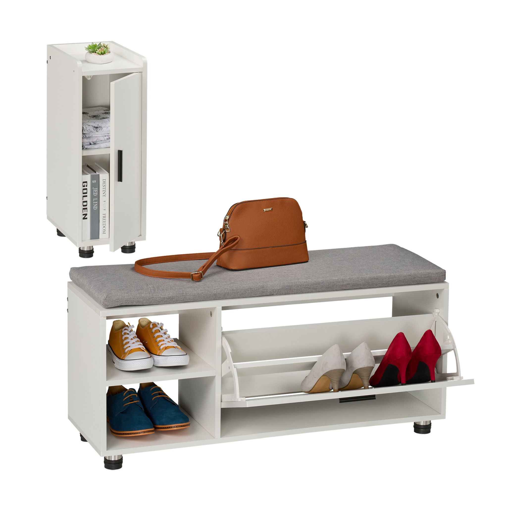Schuhbank mit Sitzfläche & Schrank Set Weiss-Grau