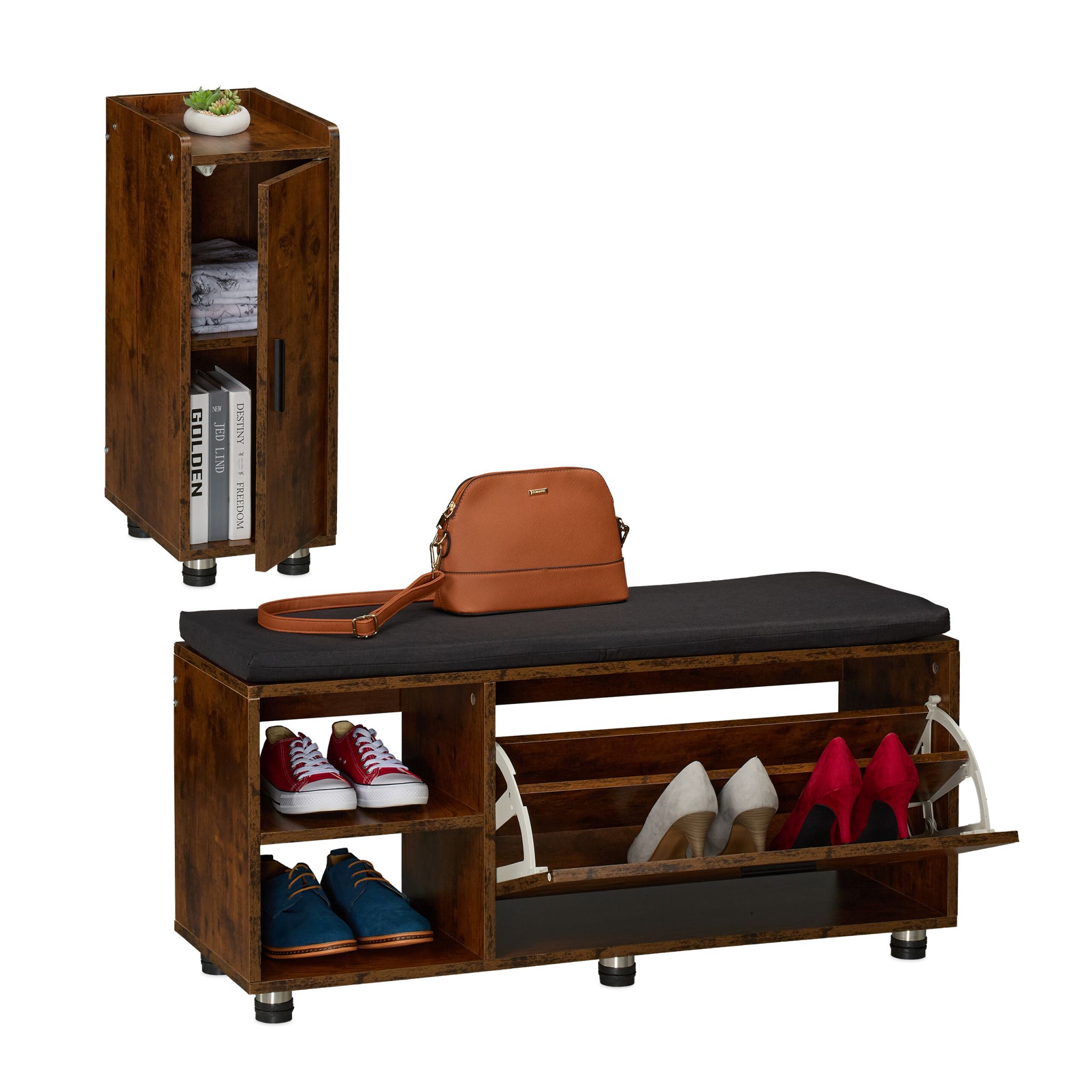Schuhbank mit Sitzfläche & Schrank Set Braun-Schwarz