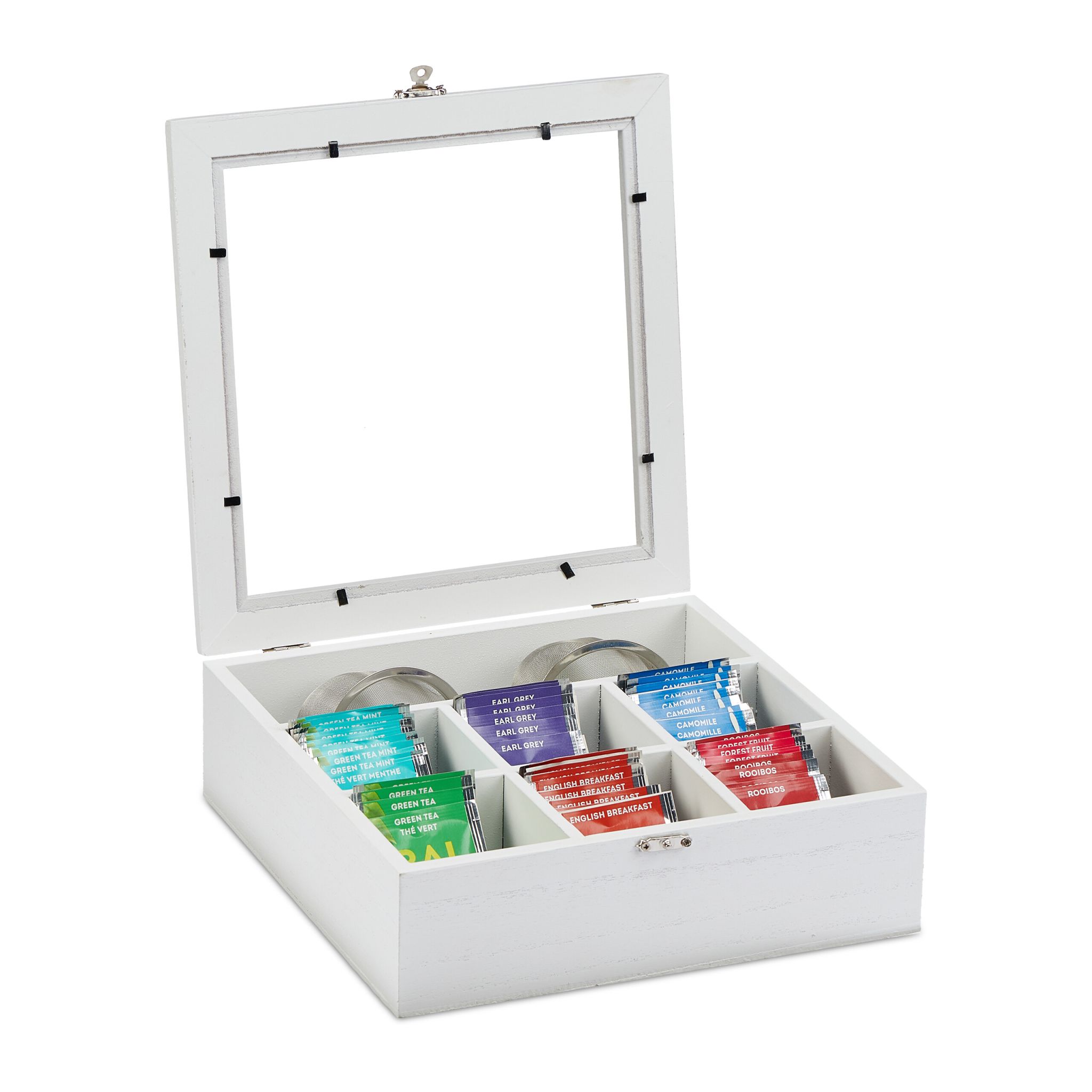 Teebox in Holzoptik Weiss-Silber-Transparent