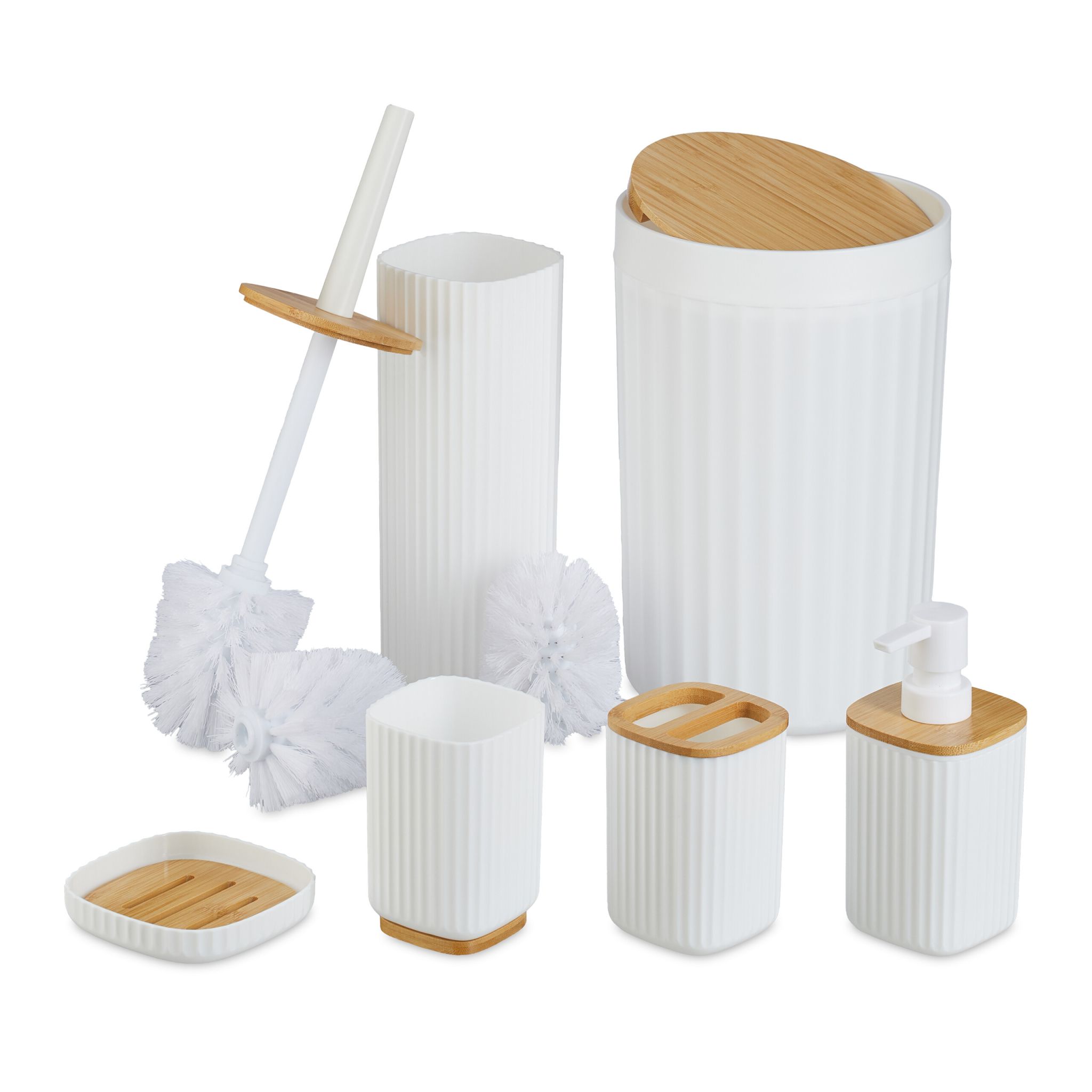 Badezimmer-Set 6-tlg. Weiss-Hellbraun