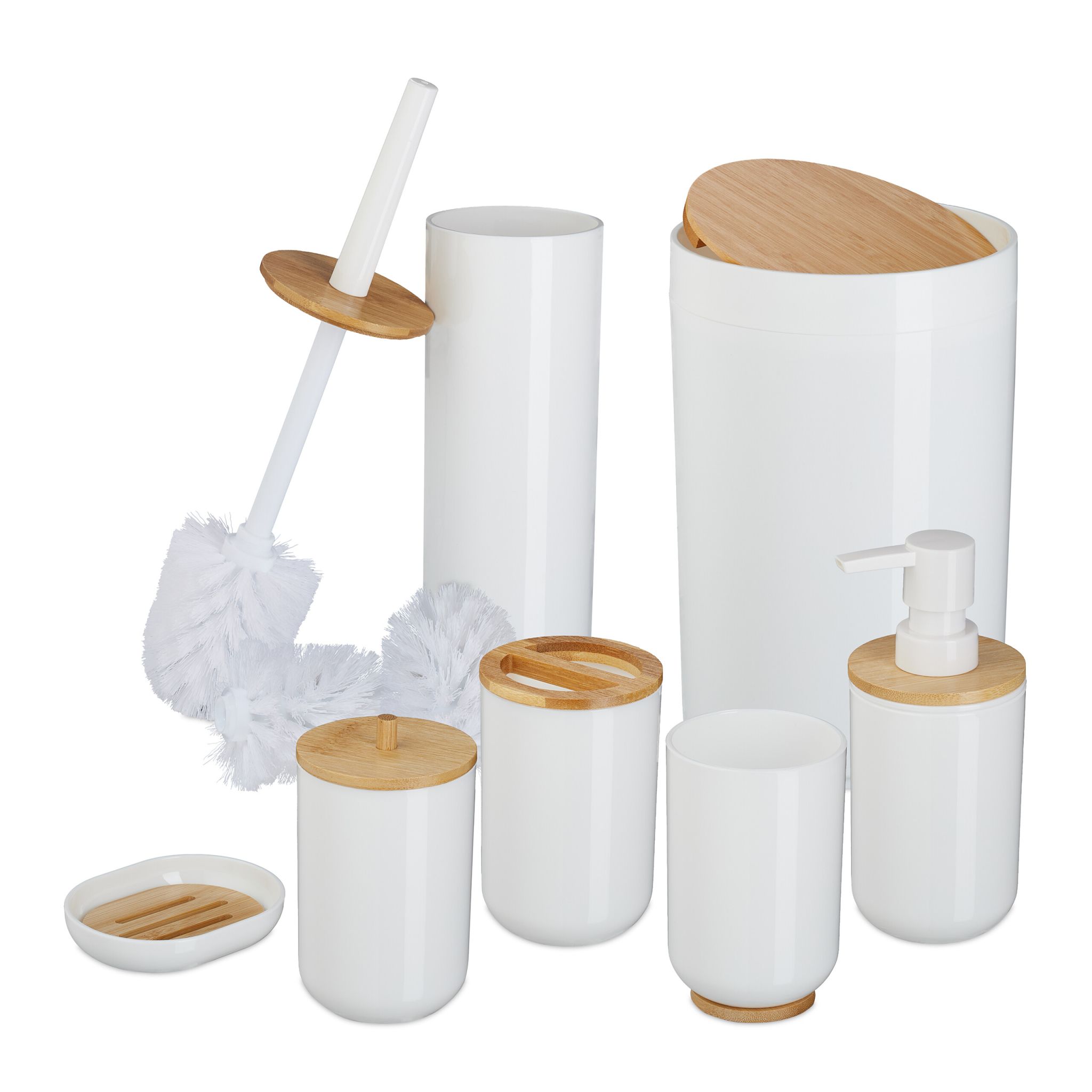 Badezimmer-Set 7-tlg. Weiss-Hellbraun