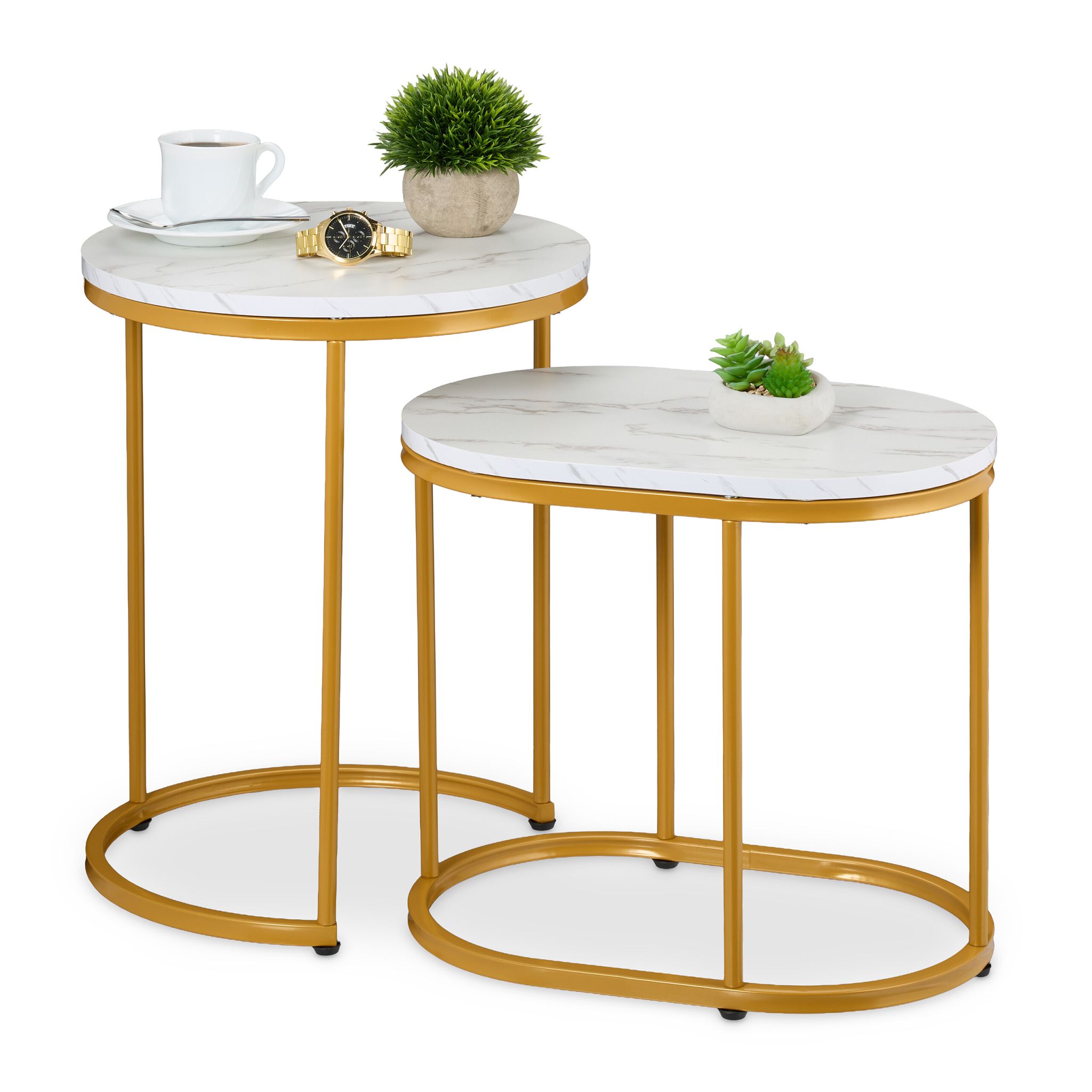 Satztisch 2er-Set Marmoroptik & Metall Weiss-Gold