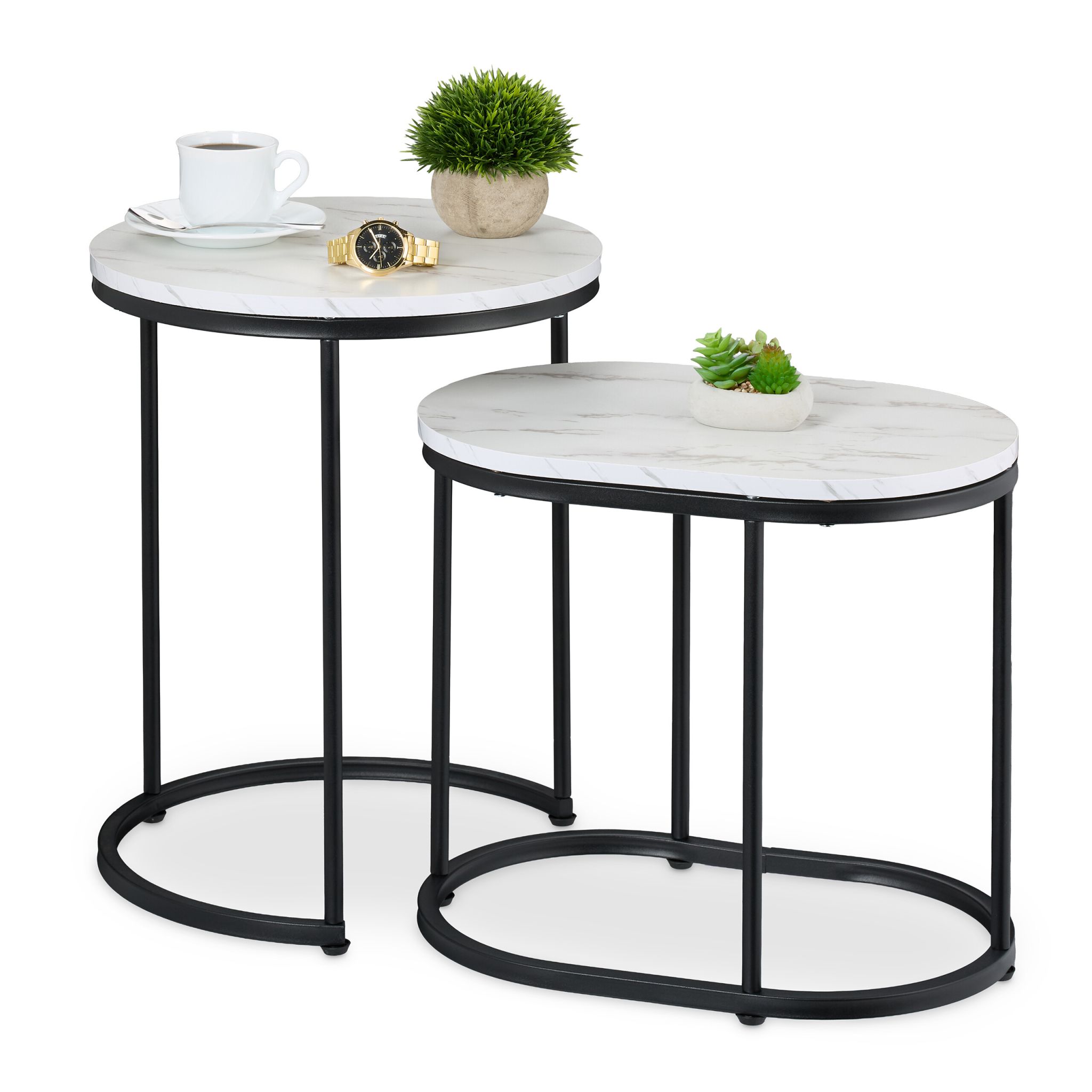 Satztisch 2er-Set Marmoroptik & Metall Weiss-Schwarz