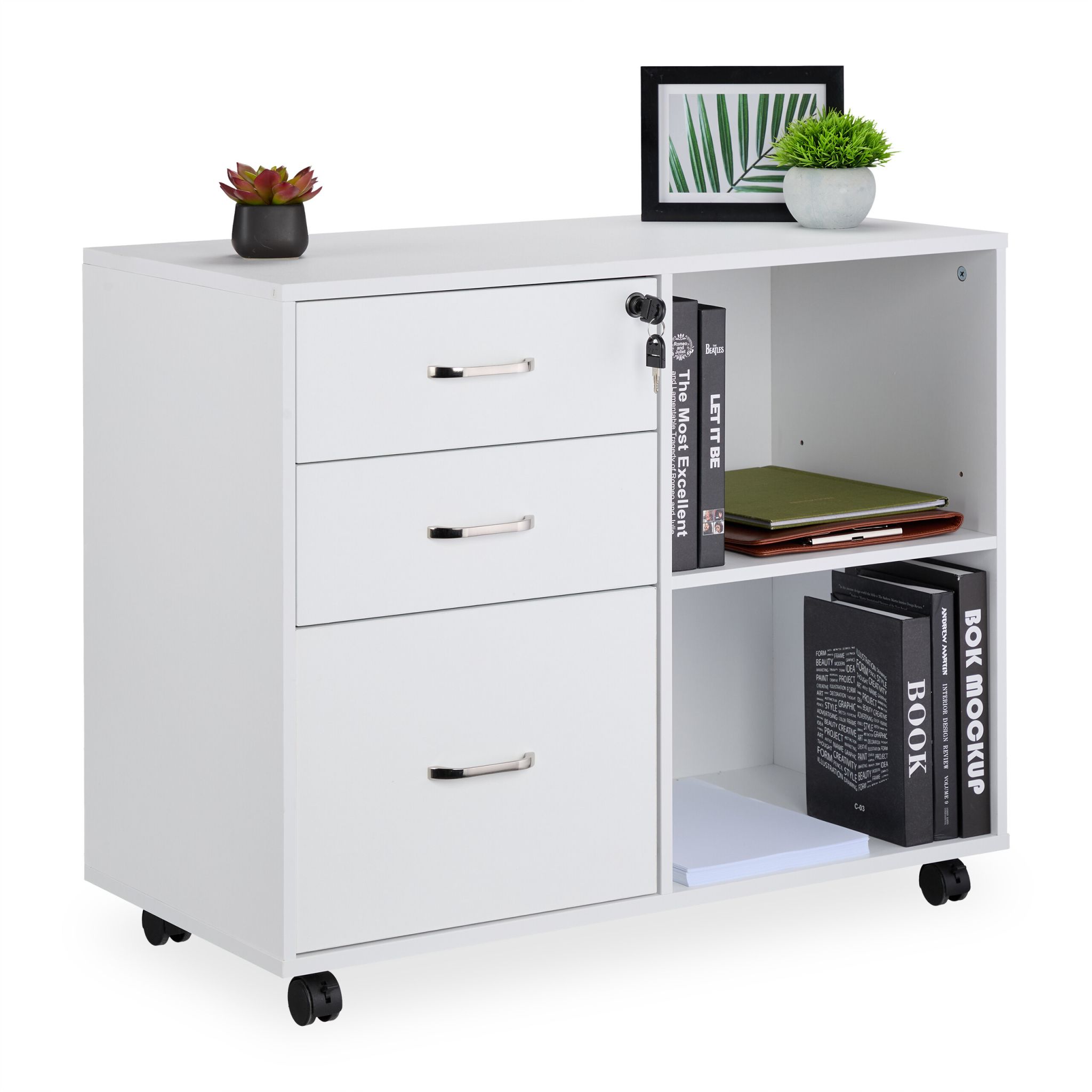 Rollcontainer mit Schubladen und Ablagen Weiss-Silber