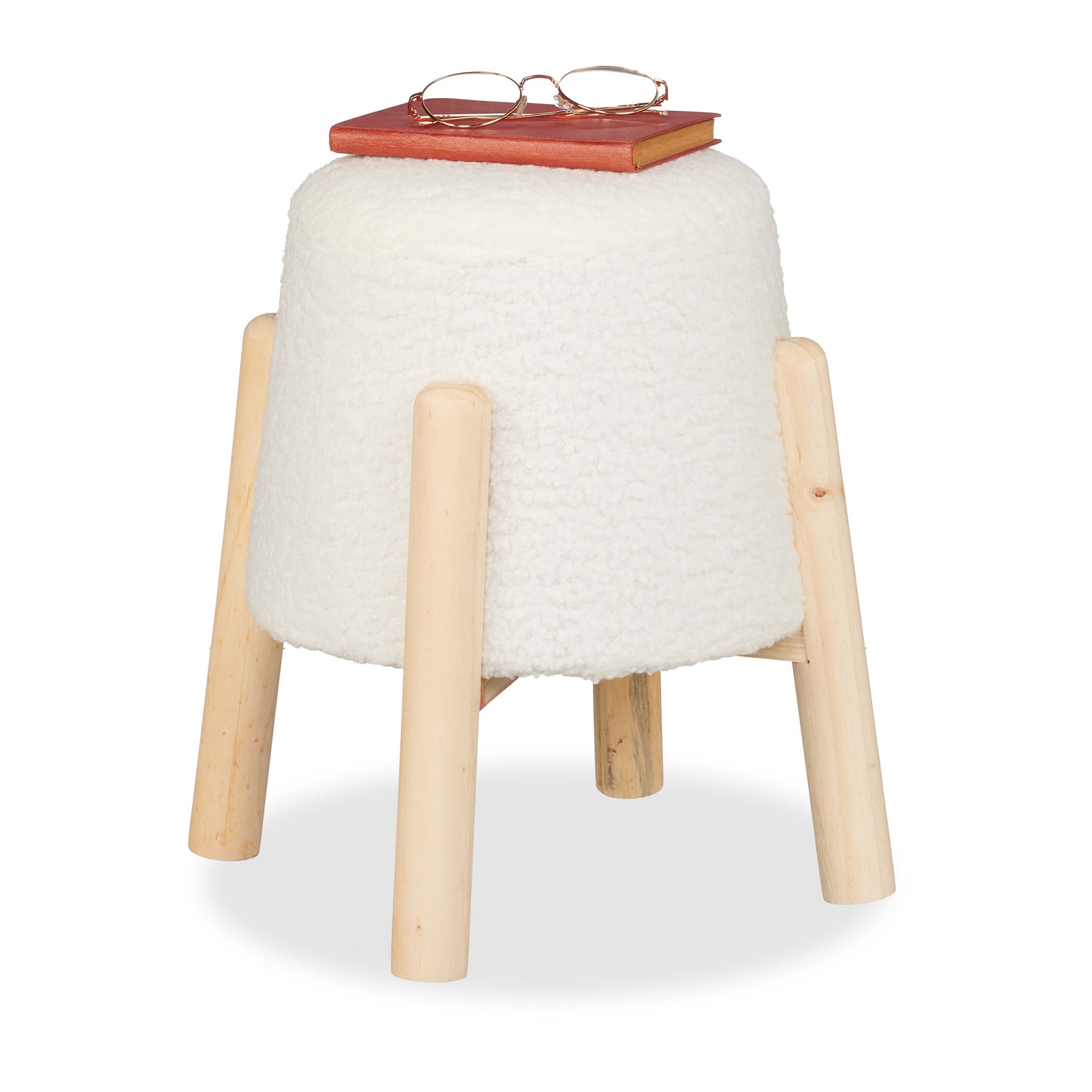 Sitzhocker mit Teddyfell Weiss-Hellbraun