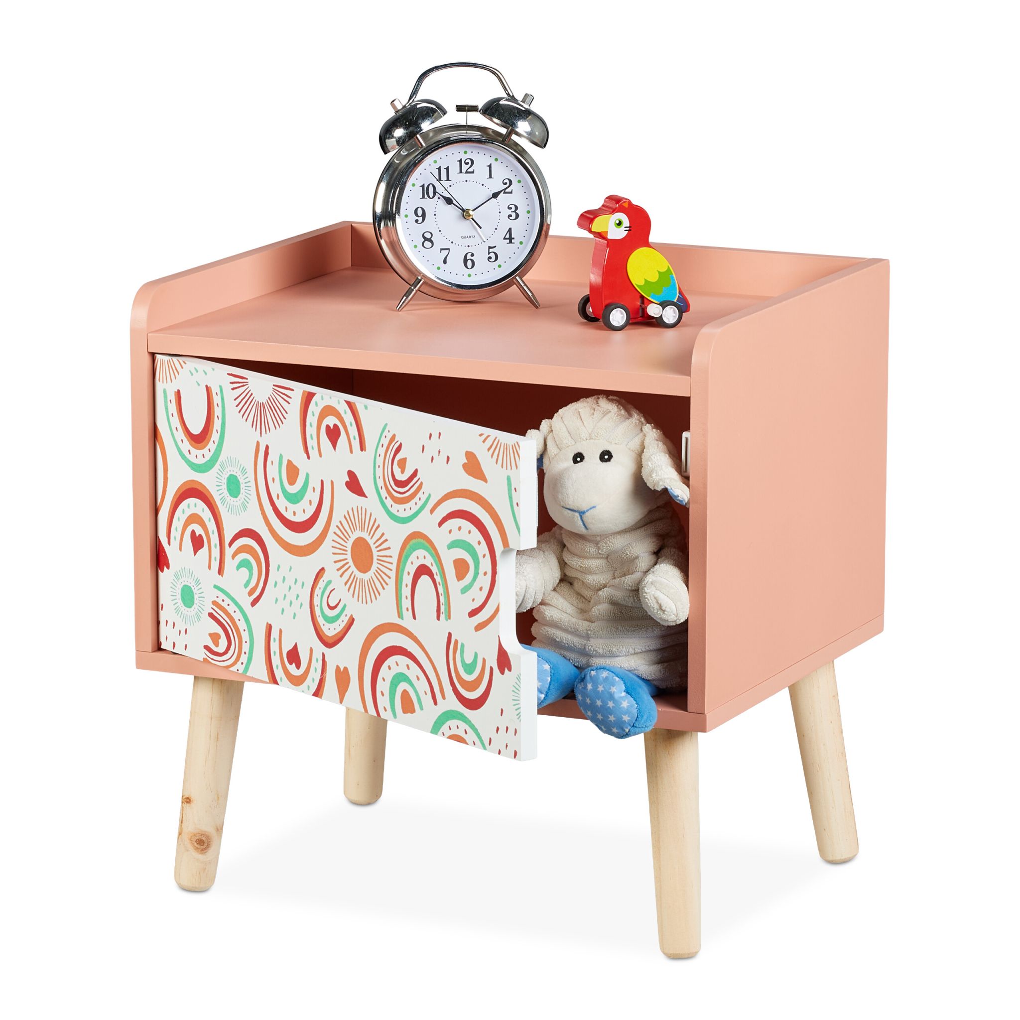 Nachttisch für Kinder mit Staufach Weiss-Hellbraun-Rosa