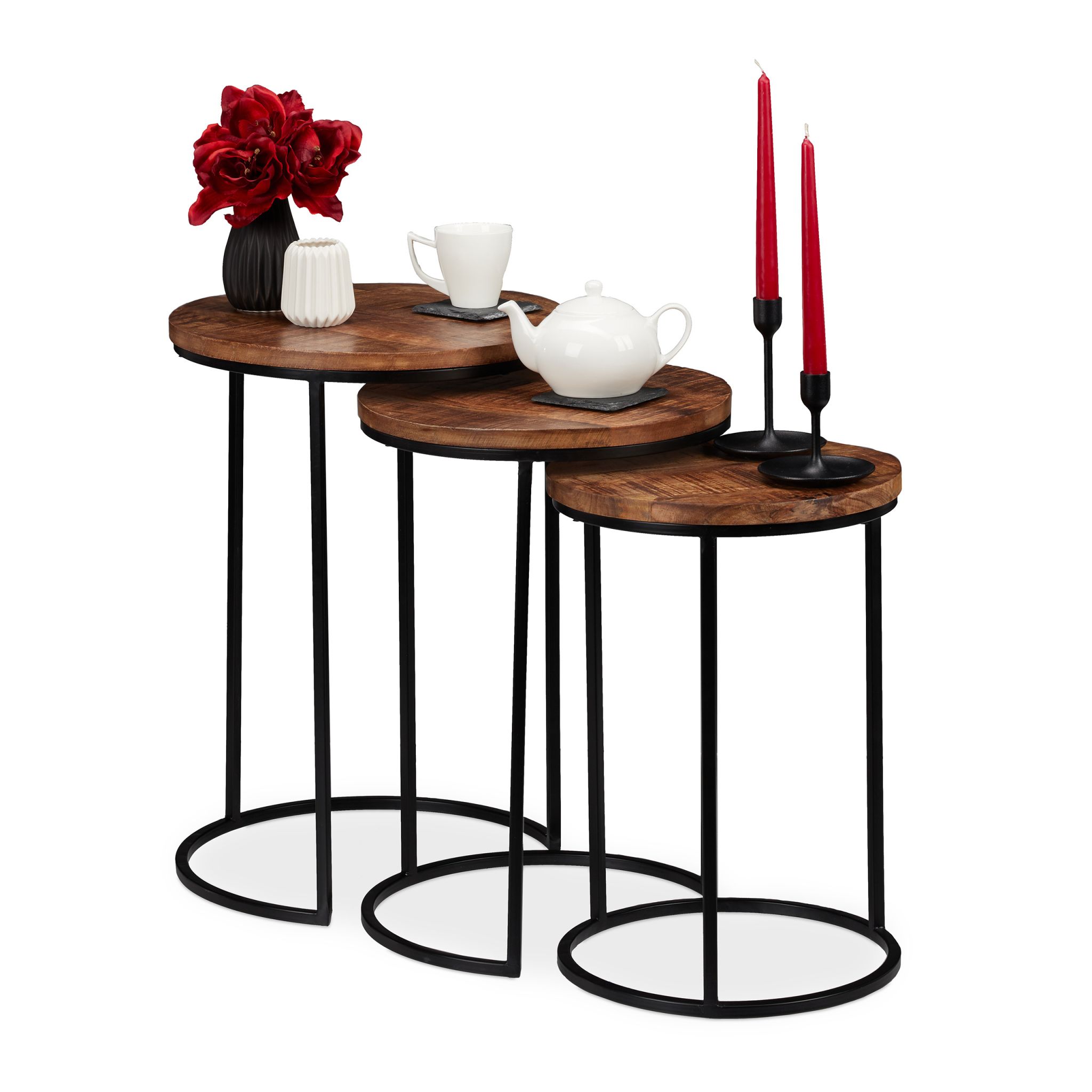 Satztisch 3er-Set Mangoholz Braun-Hellbraun-Schwarz