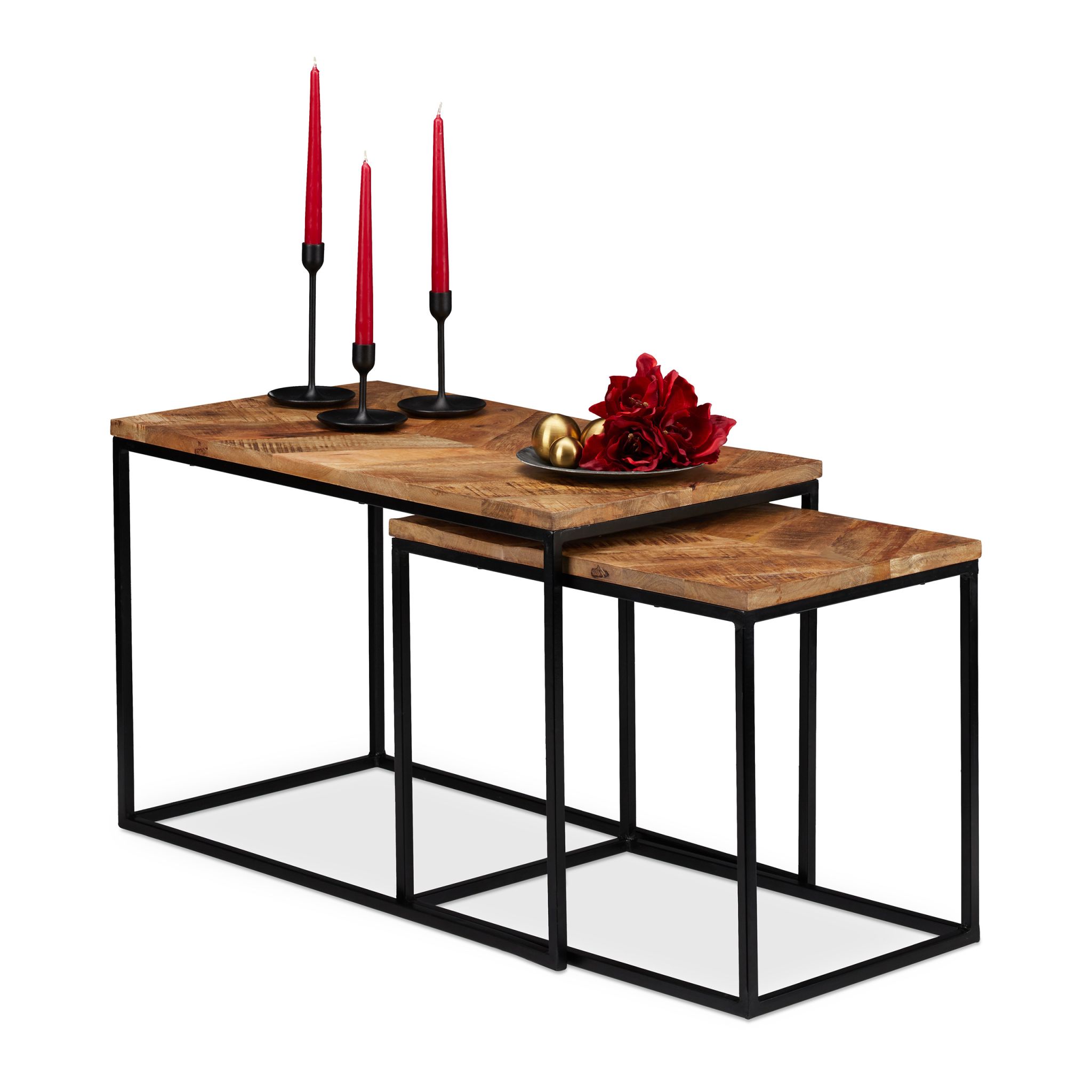 Couchtisch Mangoholz 2er-Set Hellbraun-Schwarz