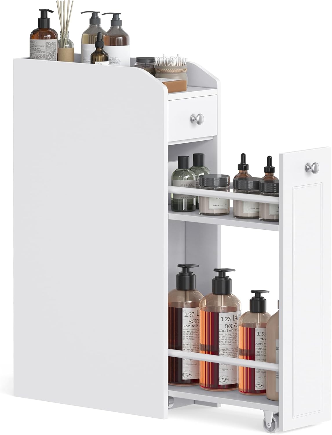Badezimmerschrank schmal mit Schubladen weiss