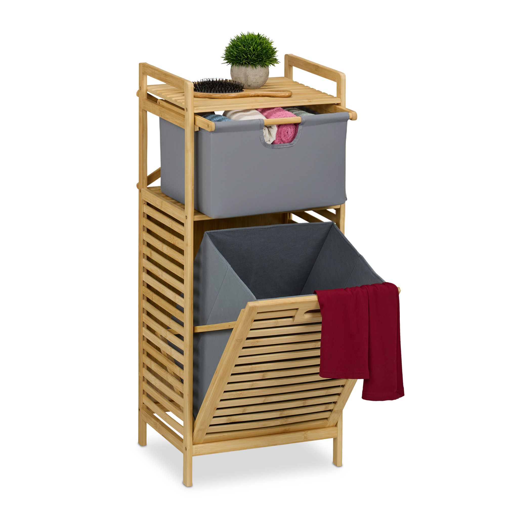 Wäschekorb mit Stoffschublade Hellbraun-Silber-Grau