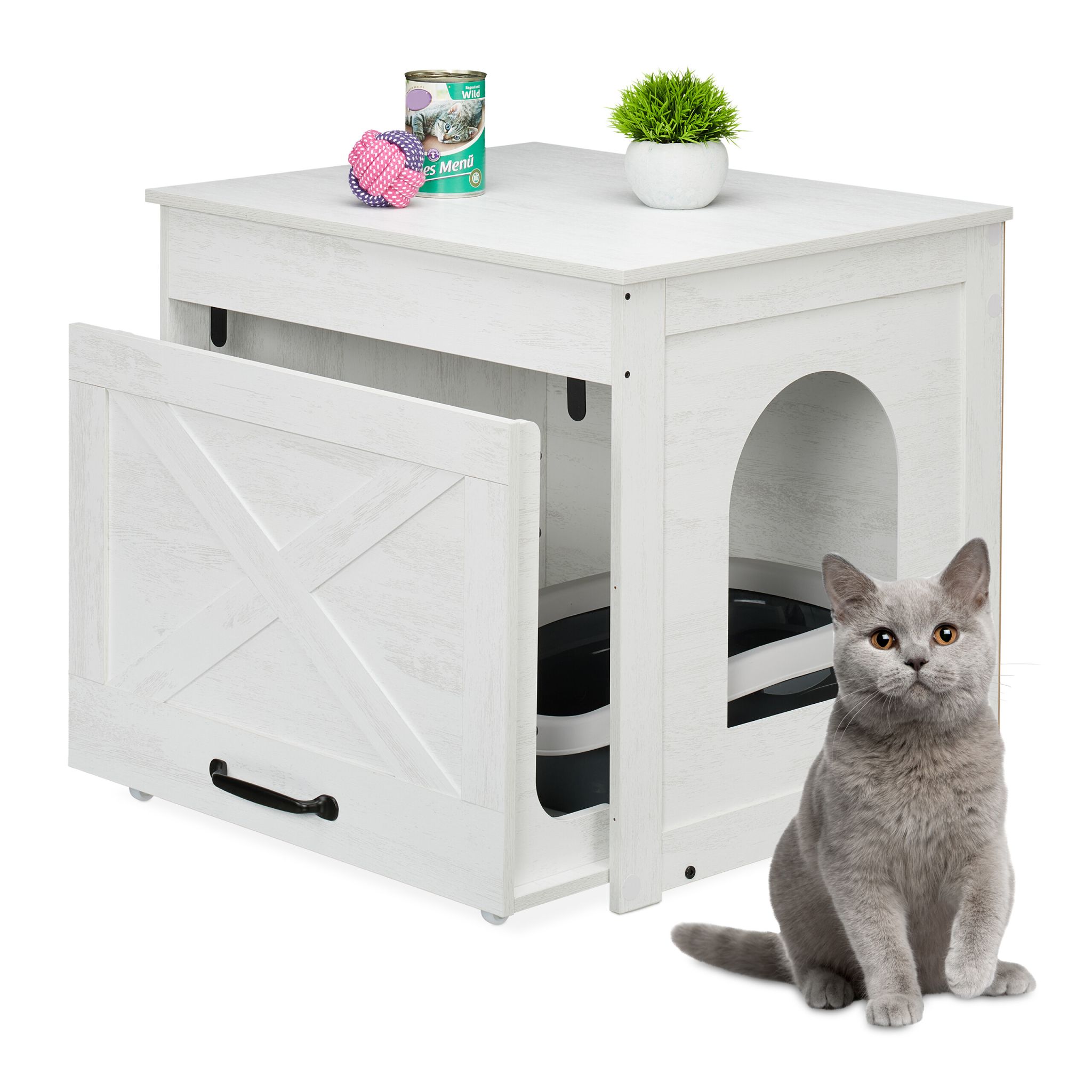 Katzenschrank für Katzentoilette Weiss-Creme-Schwarz