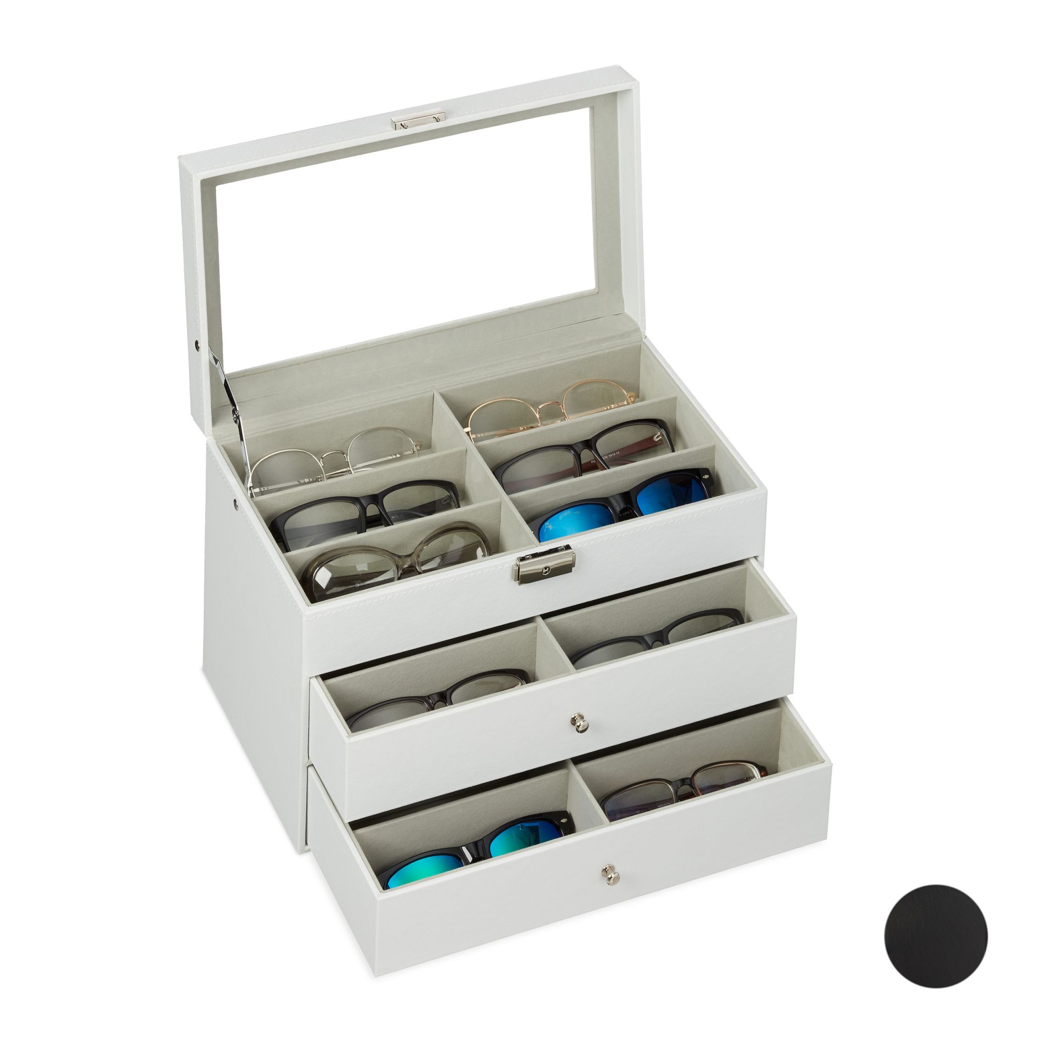Brillenbox für 18 Brillen Weiss-Transparent-Grau