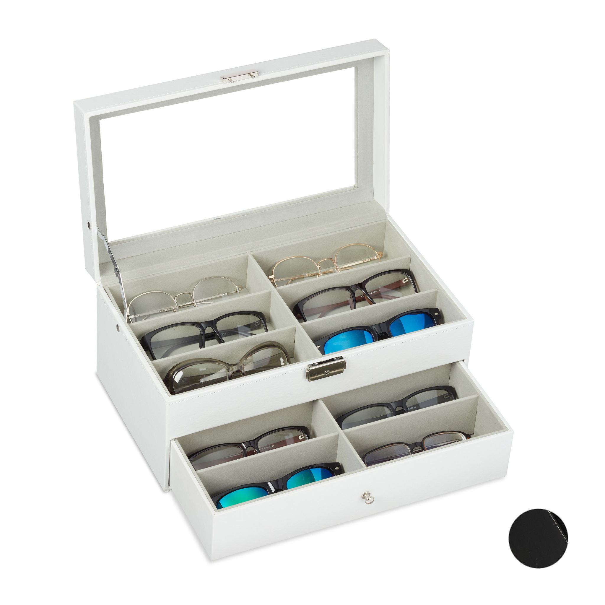 Brillenbox für 12 Brillen Weiss-Transparent-Grau