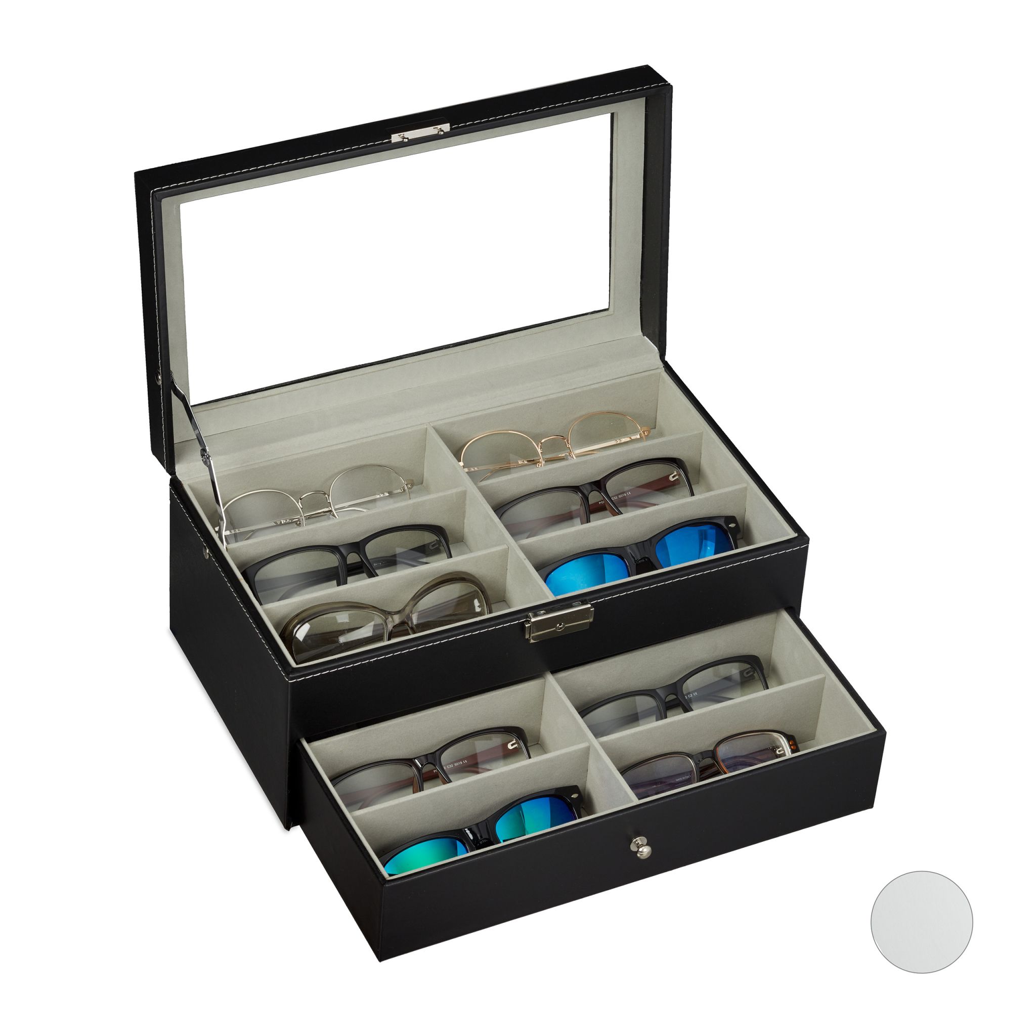 Brillenbox für 12 Brillen Schwarz-Transparent-Grau