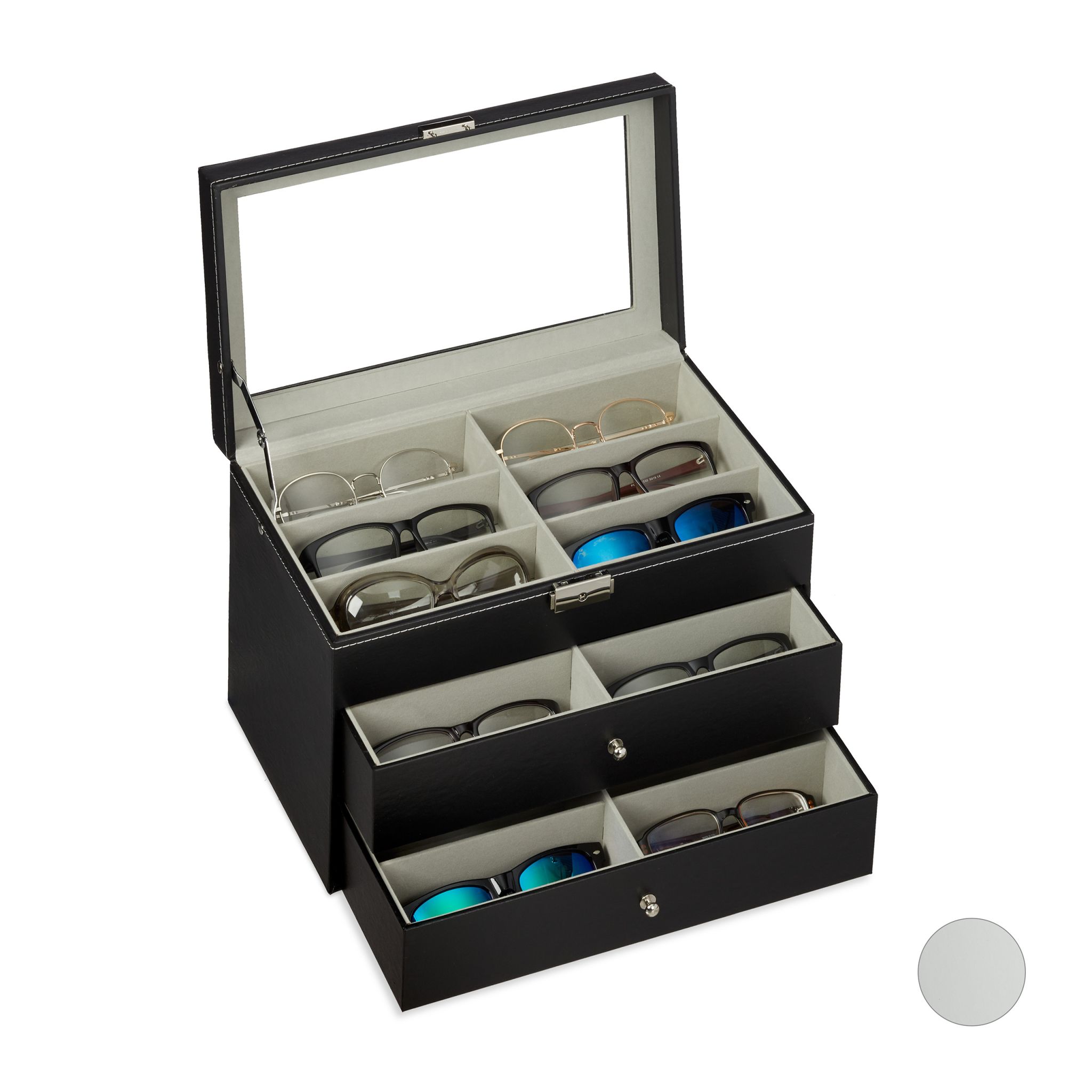 Brillenbox für 18 Brillen Schwarz-Transparent-Grau
