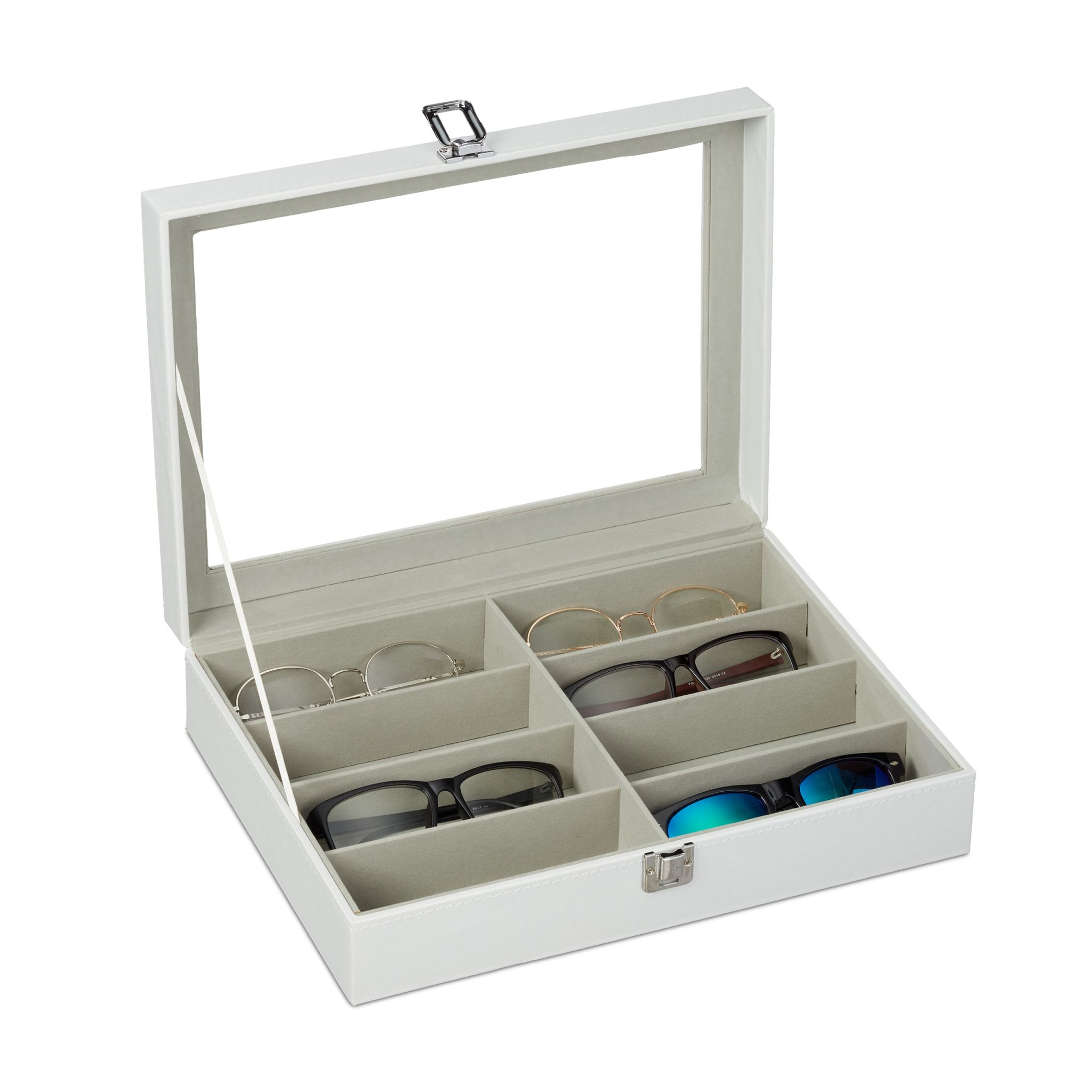 Brillenbox für 8 Brillen Weiss-Transparent-Grau