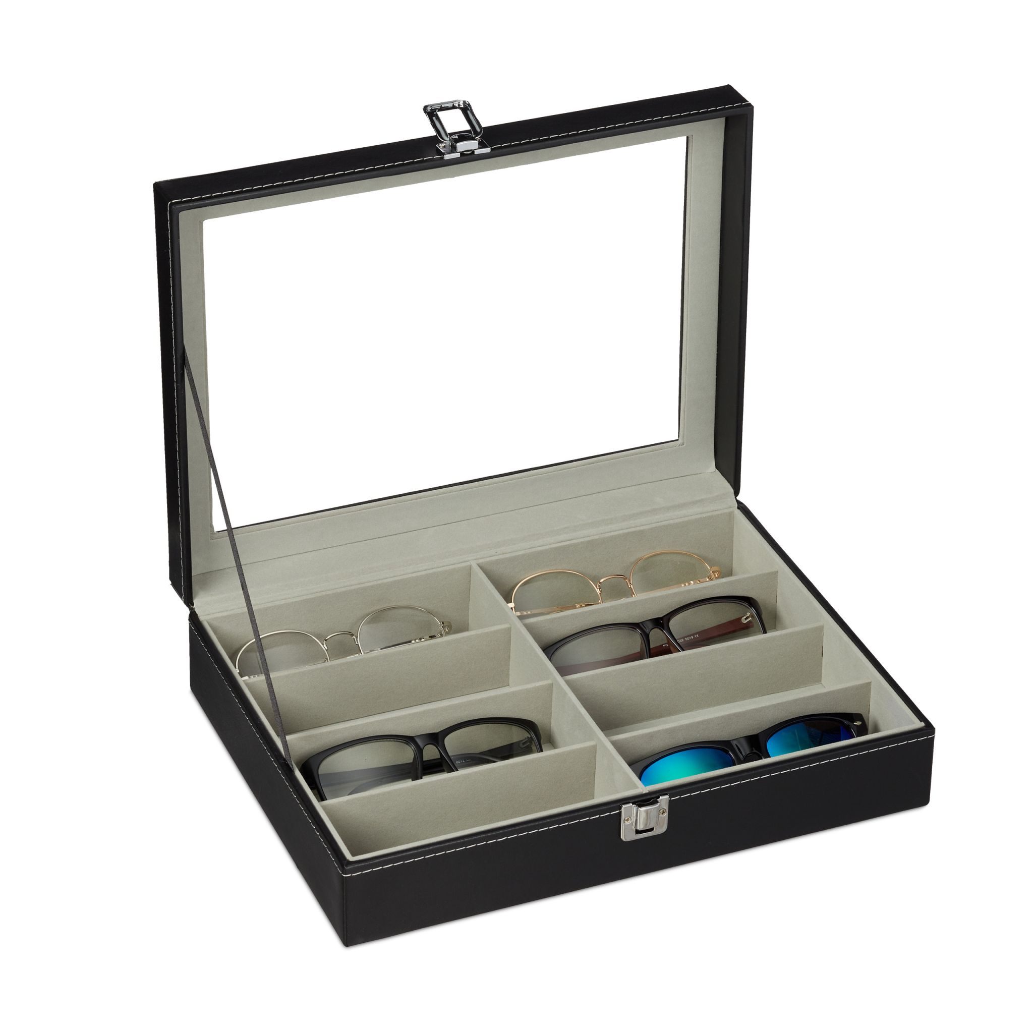 Brillenbox für 8 Brillen Schwarz-Transparent-Grau