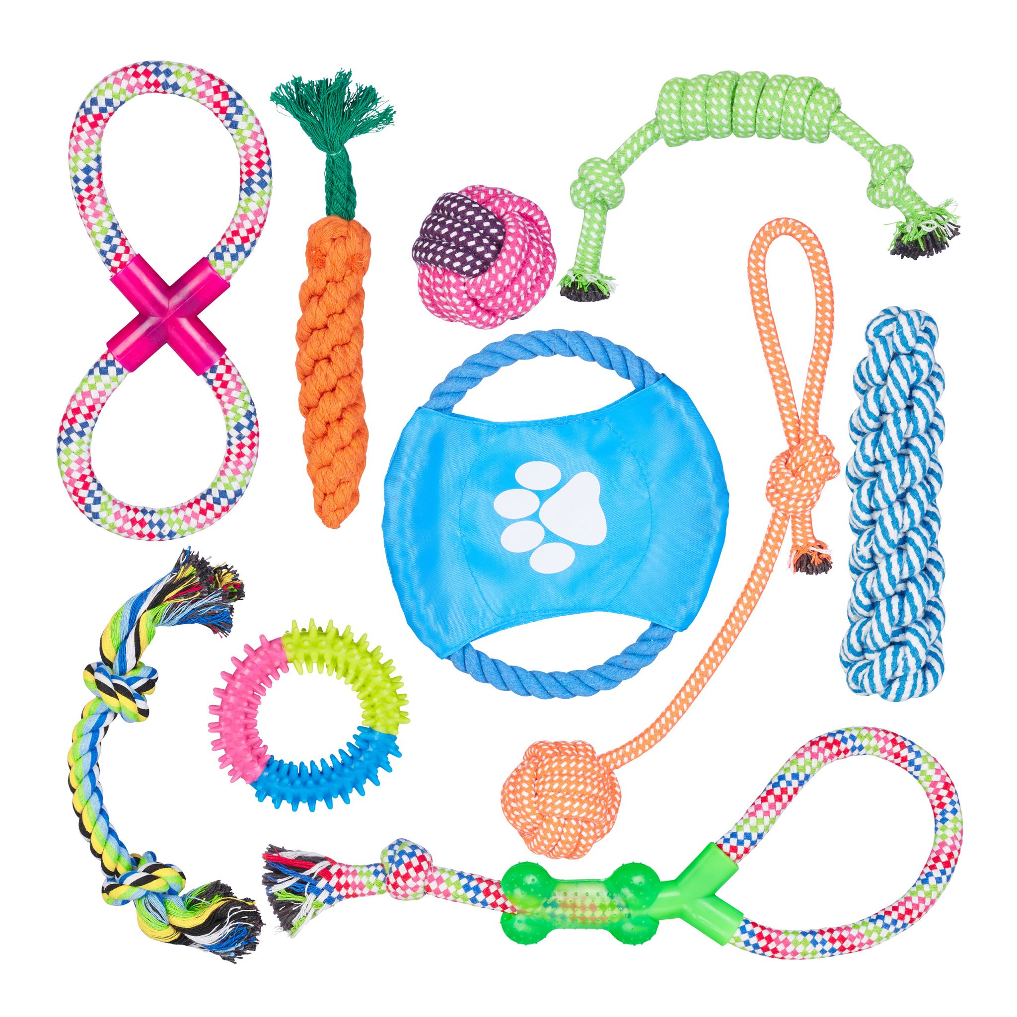 Hundespielzeug Set 10 teilig Blau-Grün-Orange