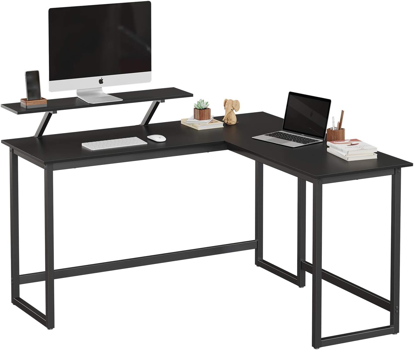 L-Schreibtisch platzsparend Monitoraufsatz schwarz Metall