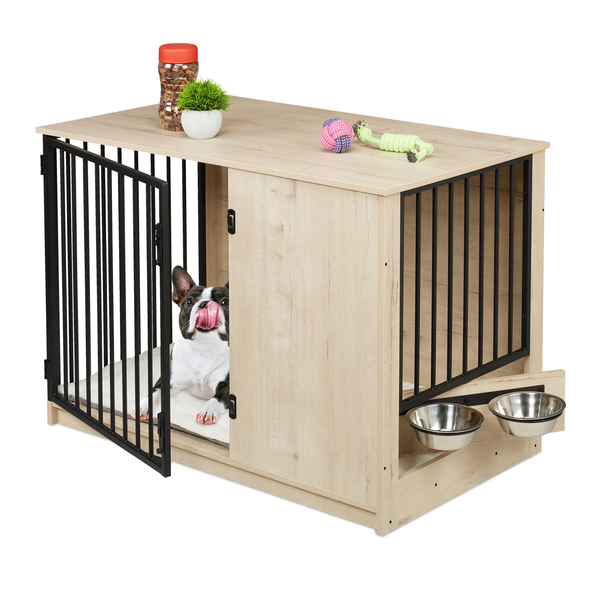 Hundekäfig für Zuhause 2 drehbare Näpfe Creme-Schwarz-Silber