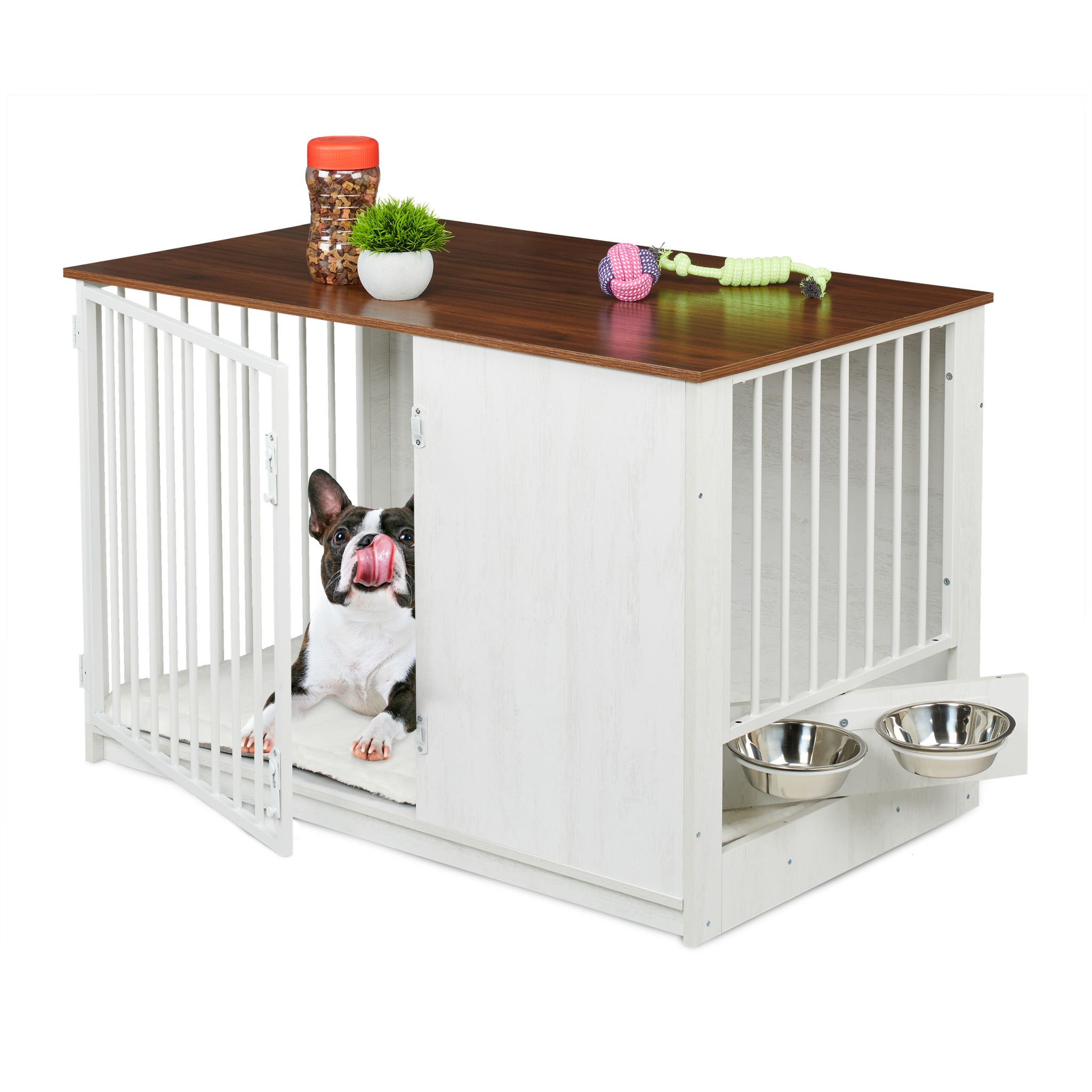 Hundekäfig für Zuhause 2 drehbare Näpfe Weiss-Creme-Dunkelbraun