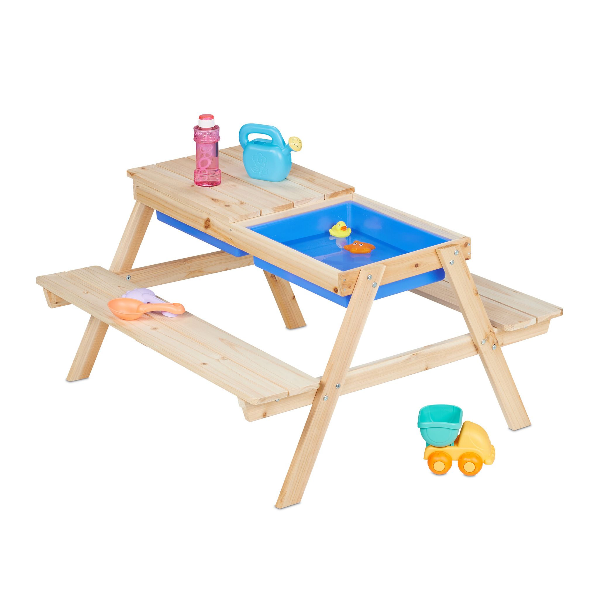 Kindersitzgruppe Holz mit Matschtisch Blau-Hellbraun