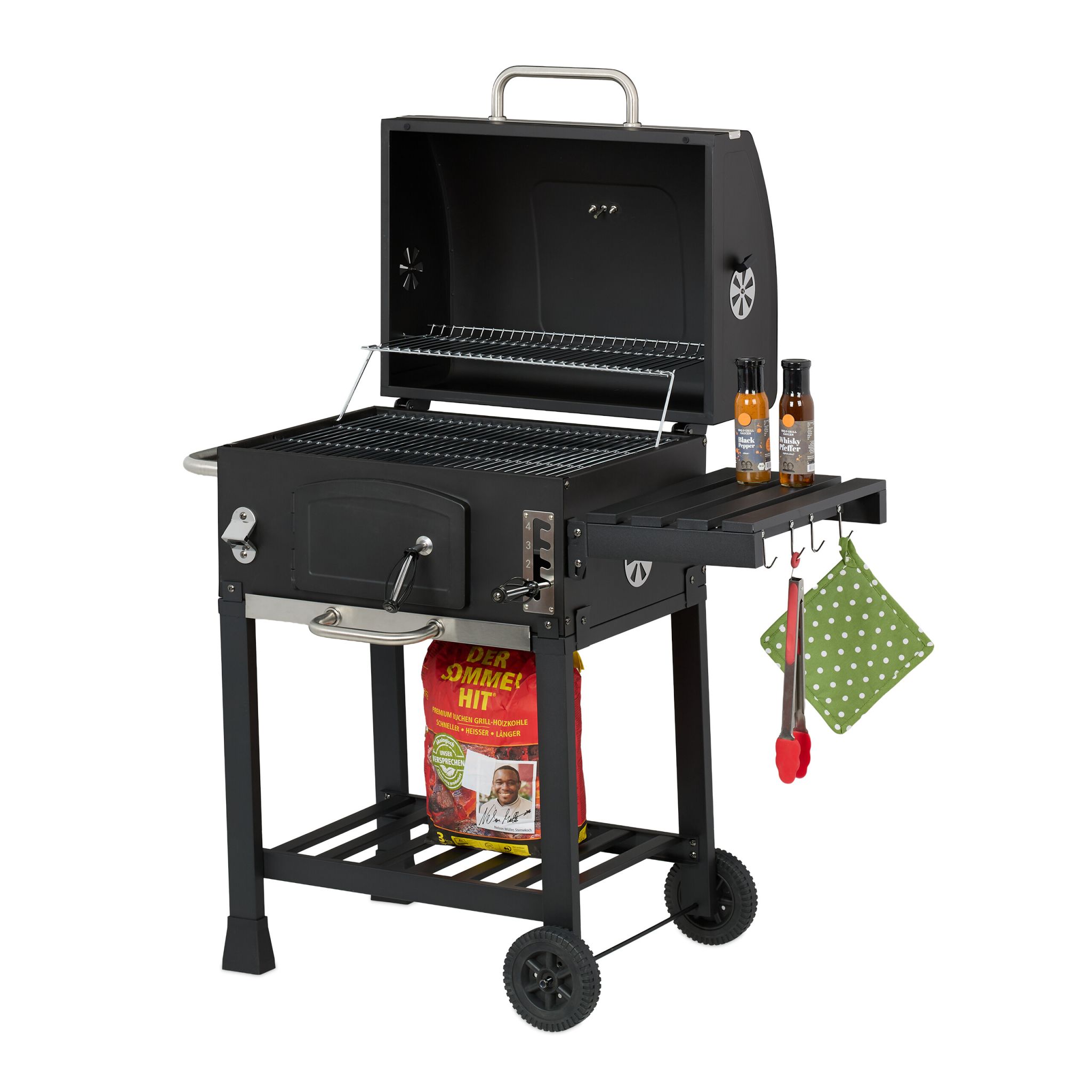 Holzkohlegrill Grillwagen mit Deckel Schwarz-Silber