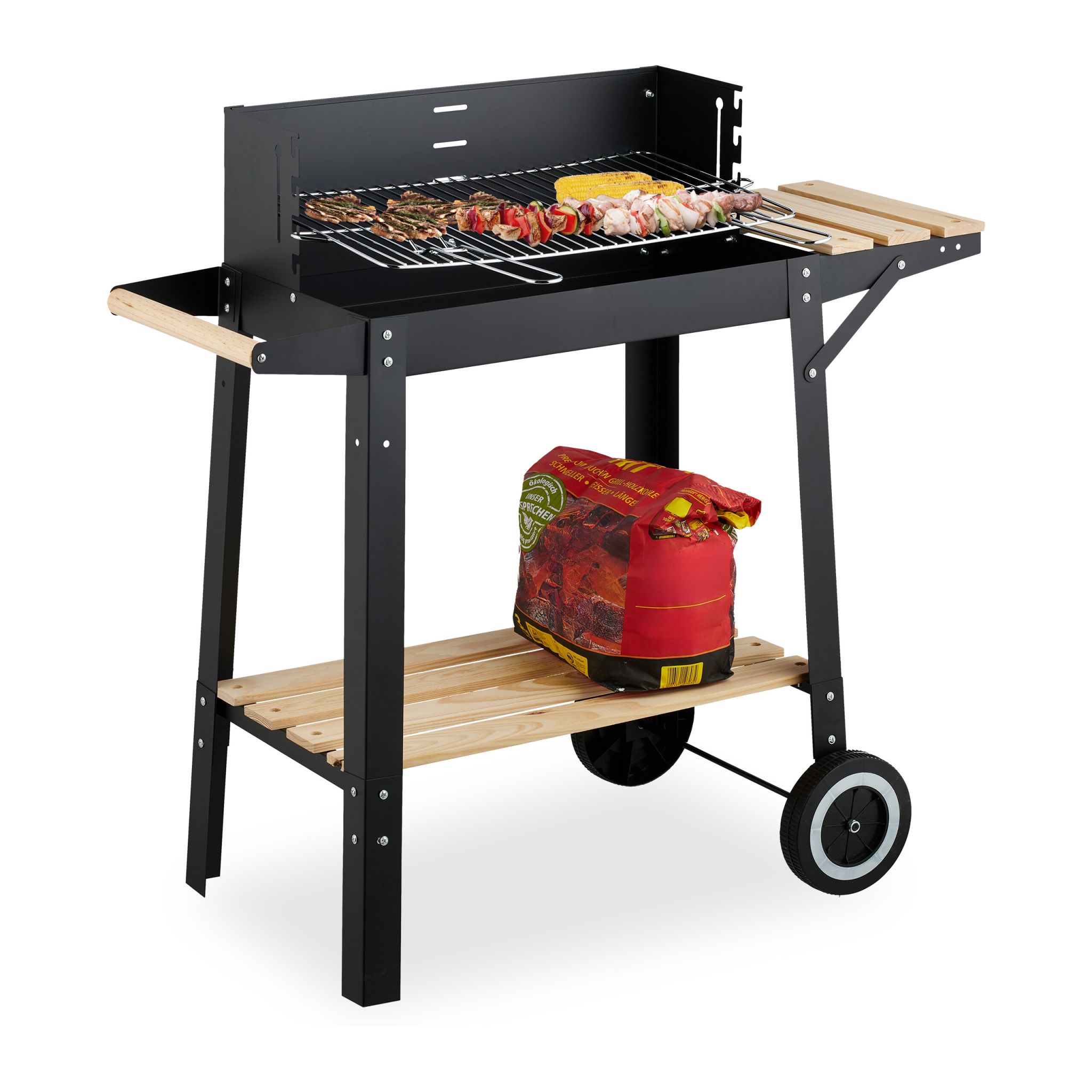 Grill mit Rädern und Ablagen Hellbraun-Schwarz-Silber