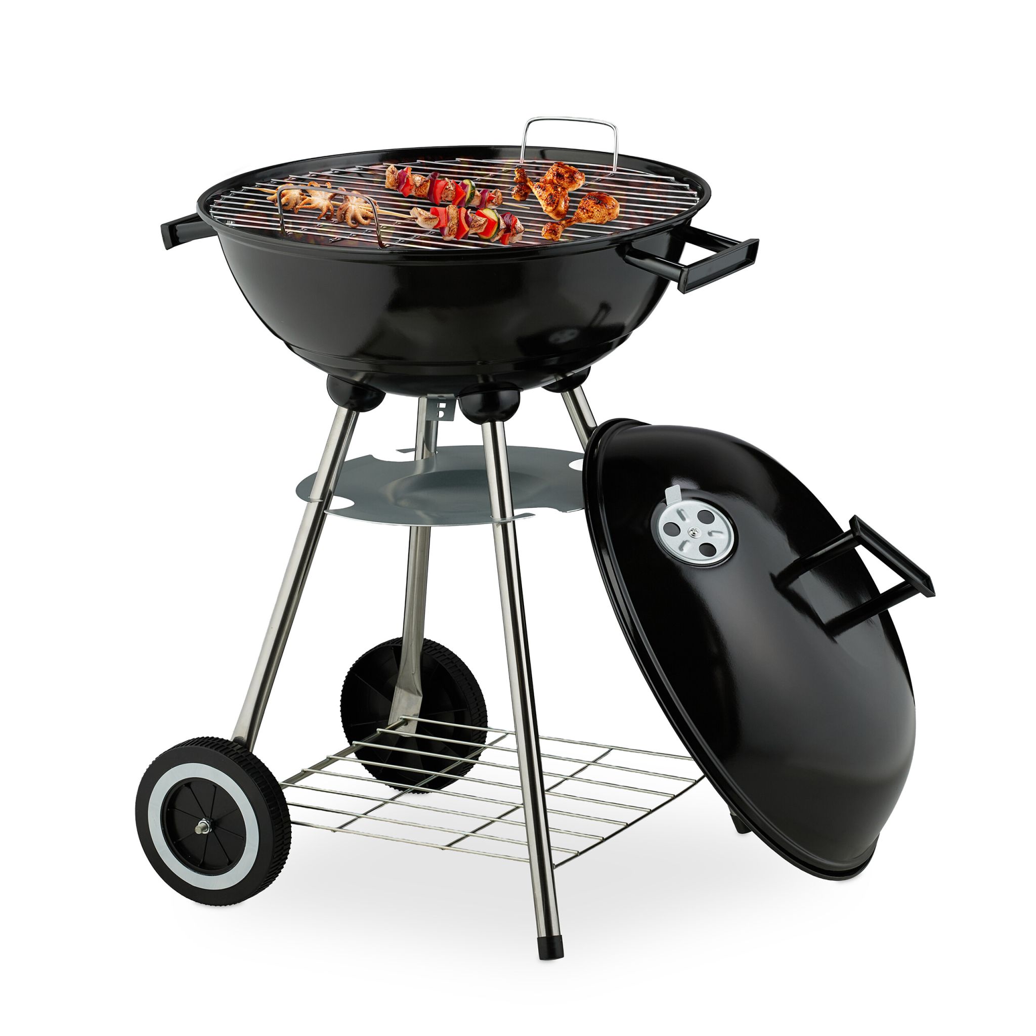 Grosser Kugelgrill mit Rädern Schwarz-Silber