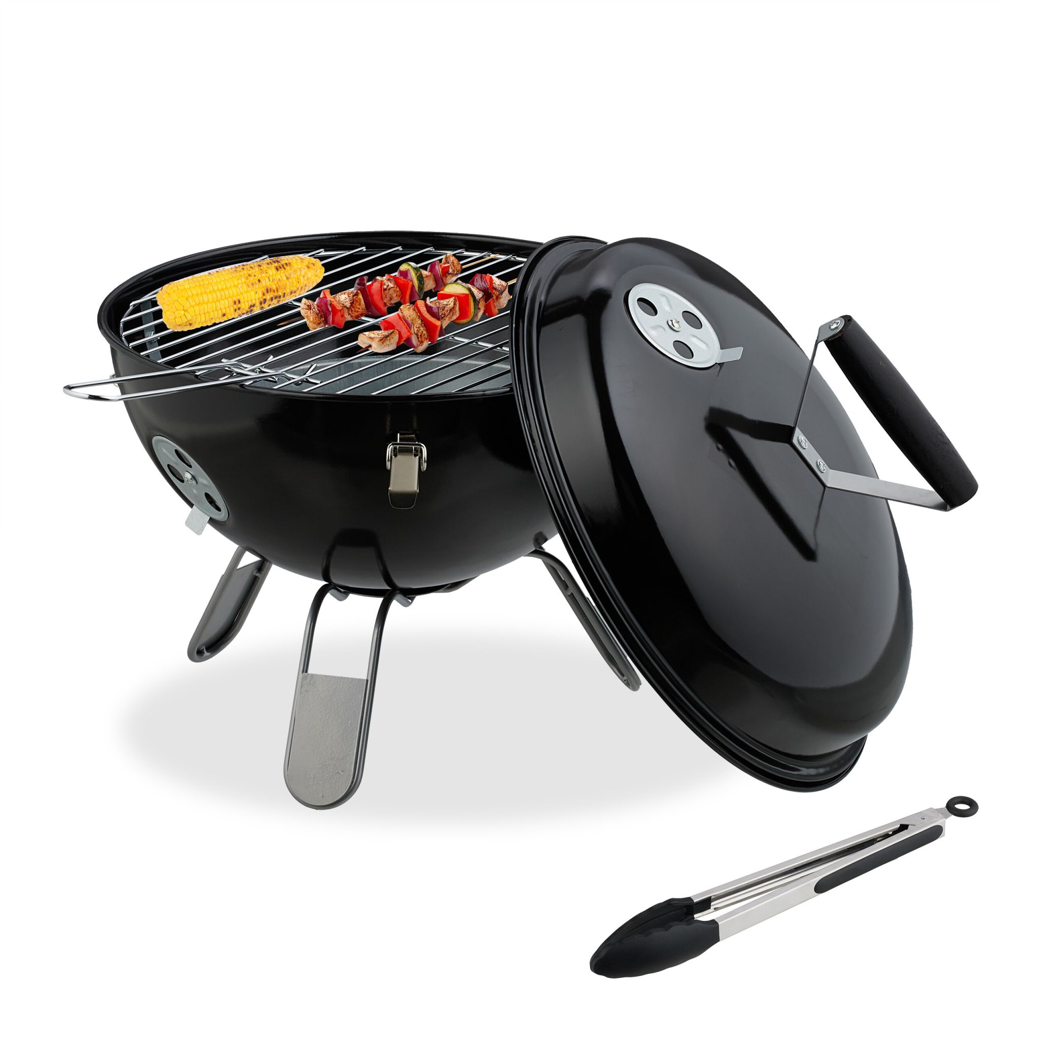Kugelgrill tragbar Ø 37cm mit Grillzange Schwarz-Silber