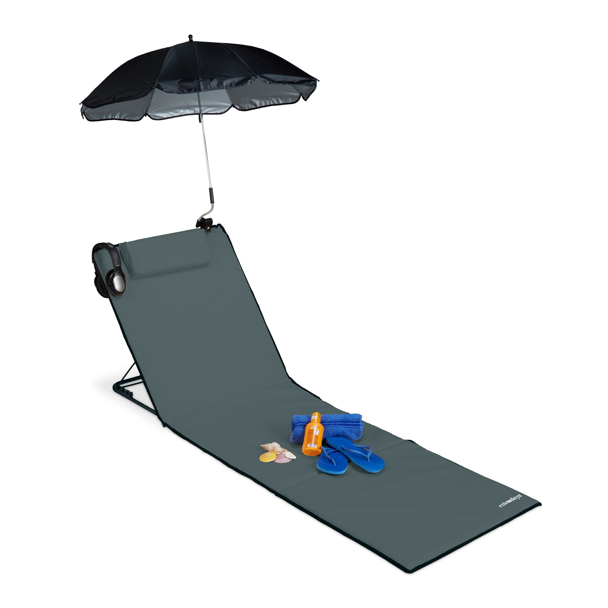 Strandmatte mit Sonnenschirm Anthrazit-Schwarz