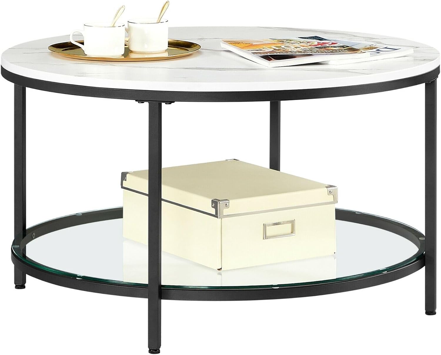 Couchtisch mit Glasplatte viel Stauraum marmorweiss