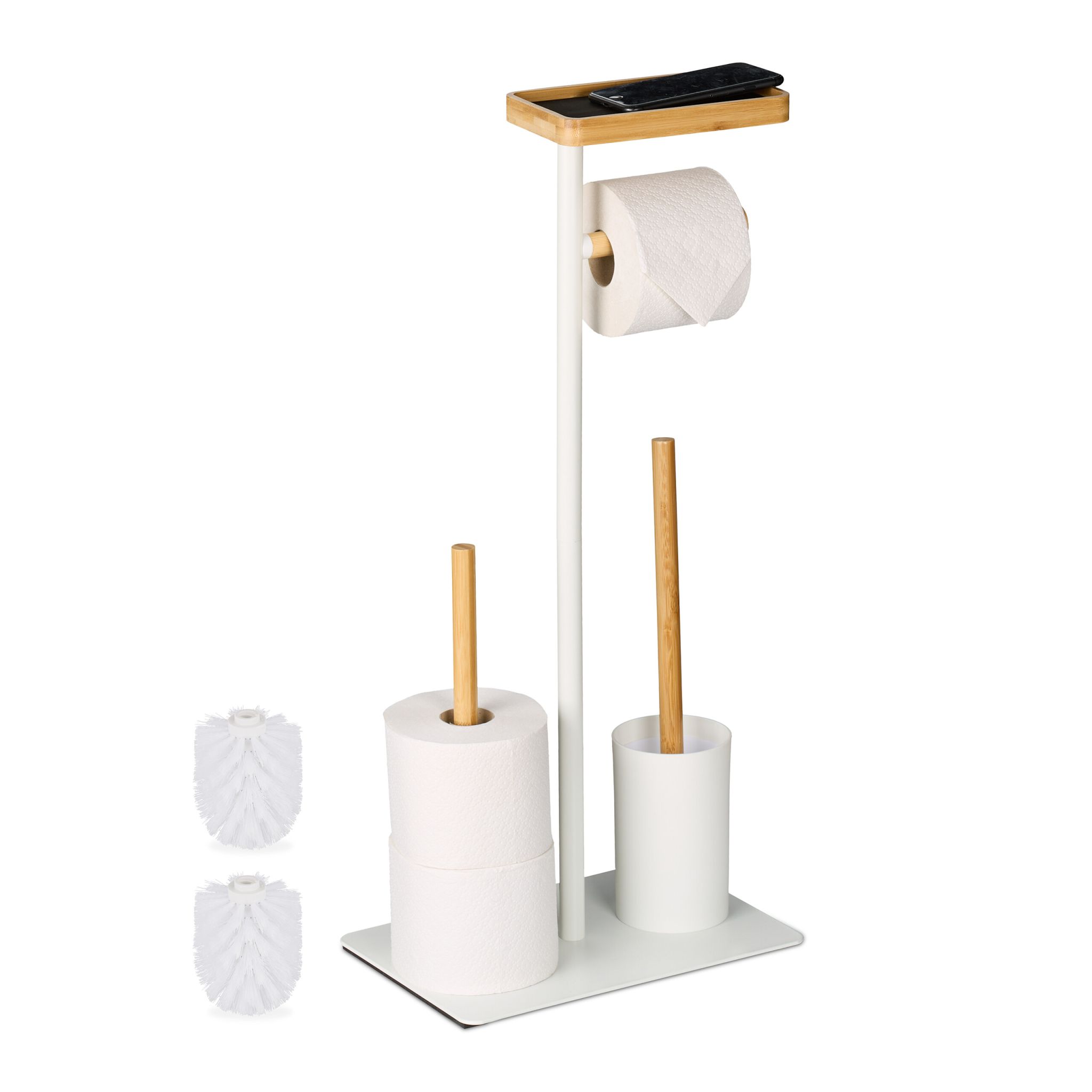 WC Garnitur mit Ablage Bambus & Metall Weiss-Hellbraun