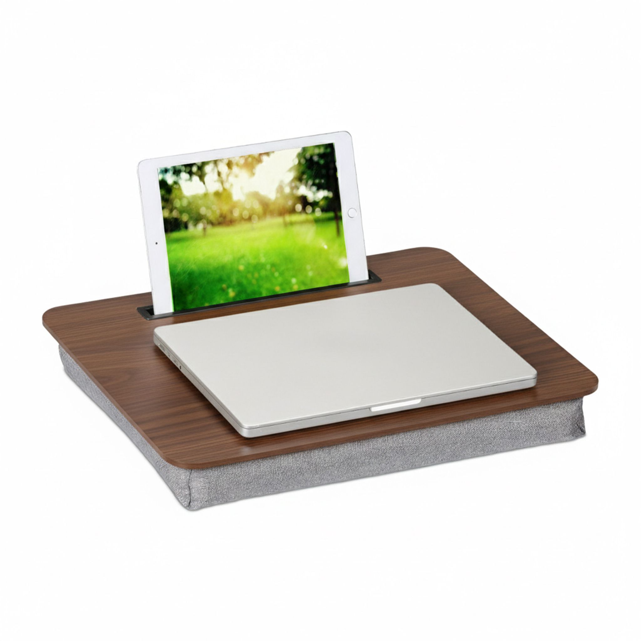 Laptopkissen mit Handyhalter Braun-Grau