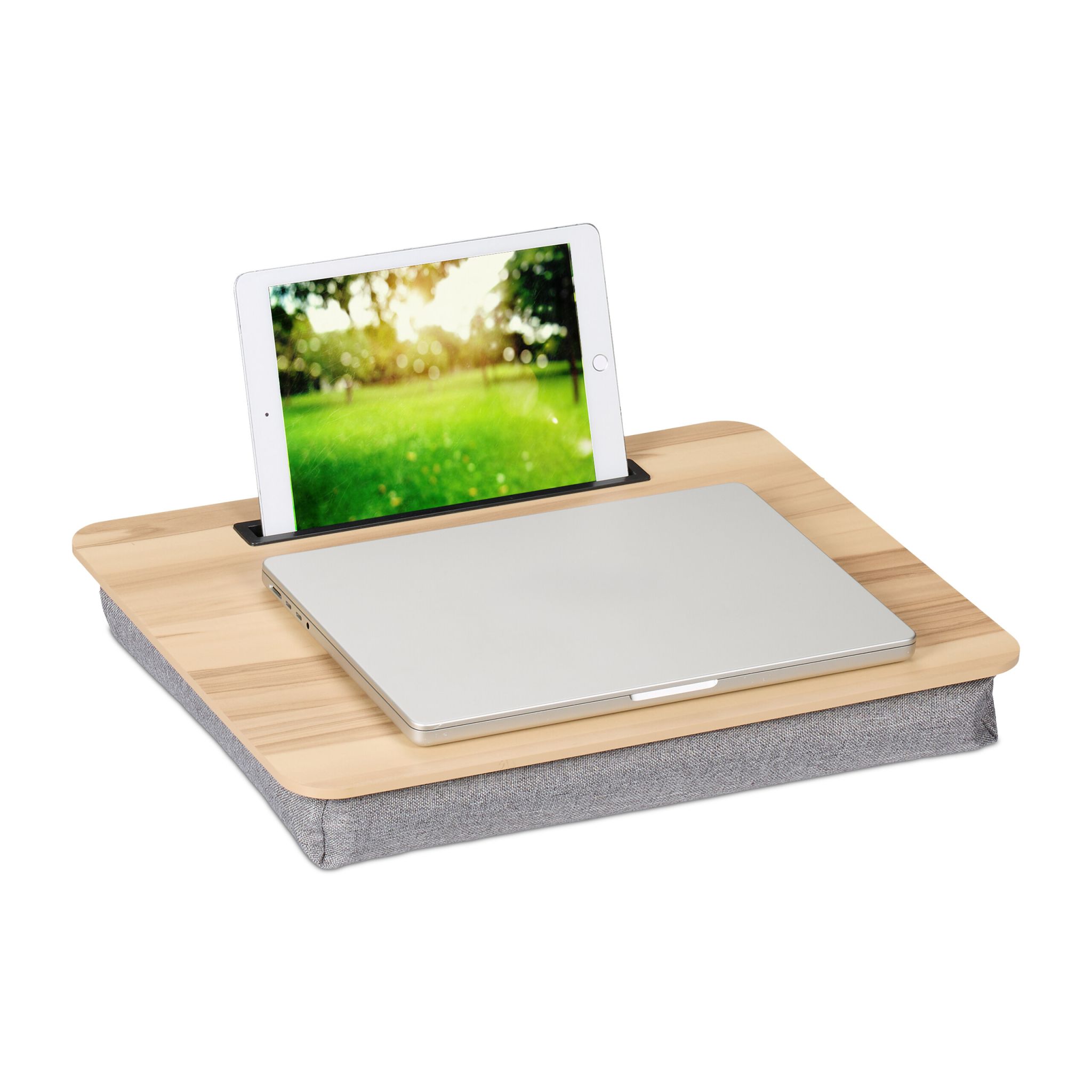 Laptopkissen mit Handyhalter Hellbraun-Grau