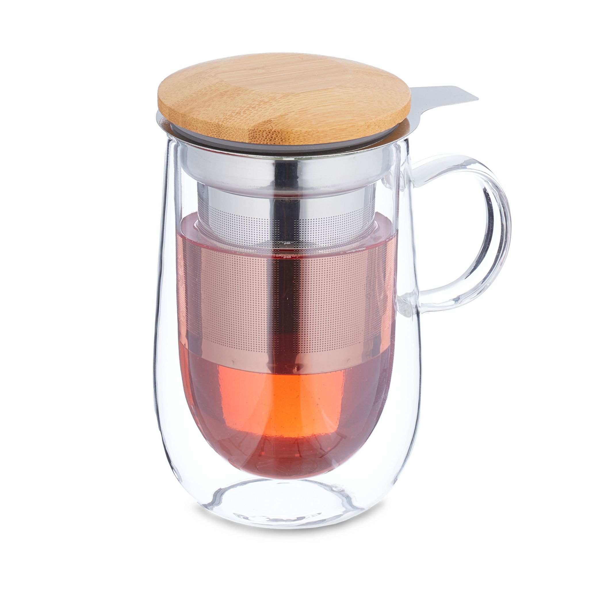 Teeglas mit Sieb und Bambusdeckel Hellbraun-Silber-Transparent
