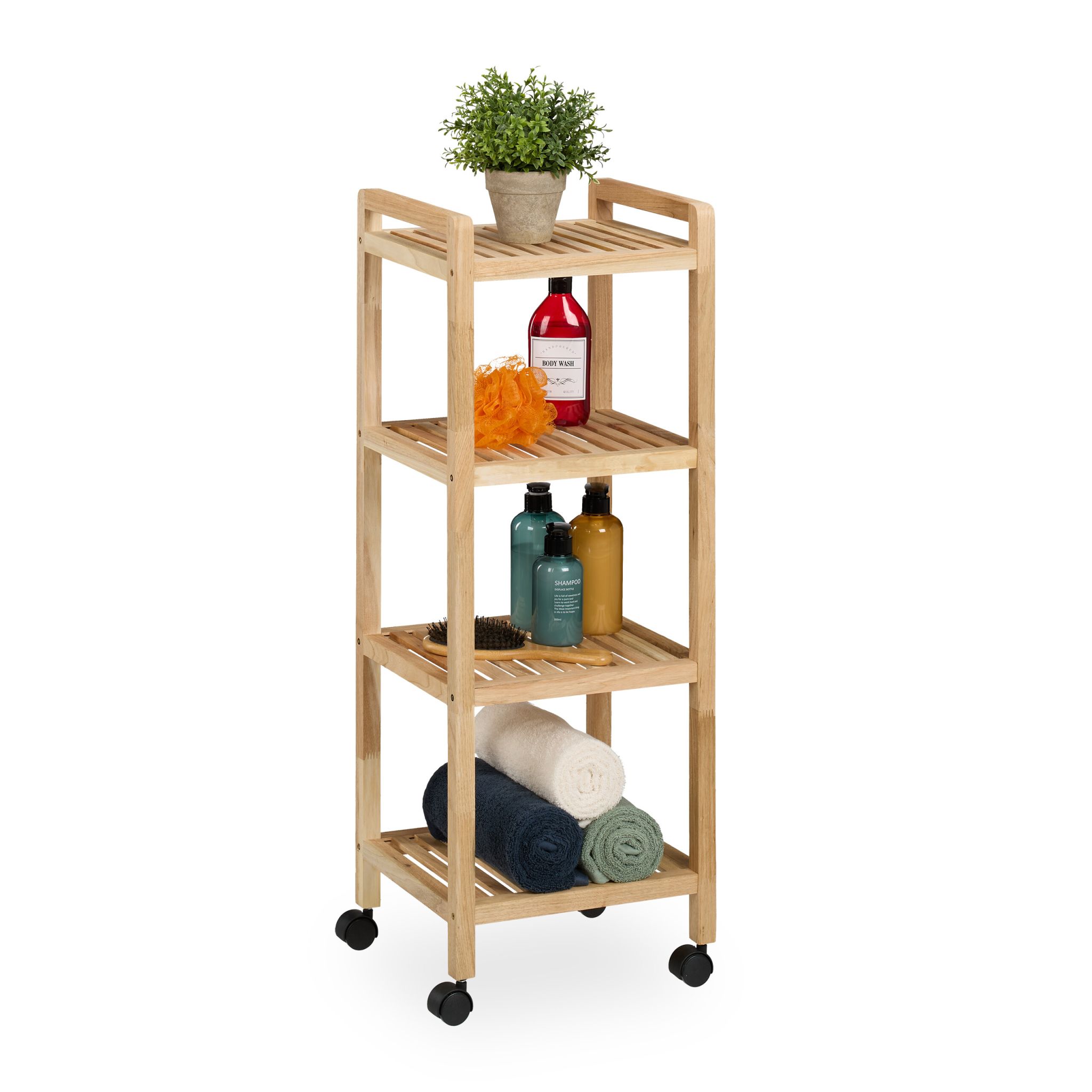 Badregal Holz mit Rollen Hellbraun-Schwarz