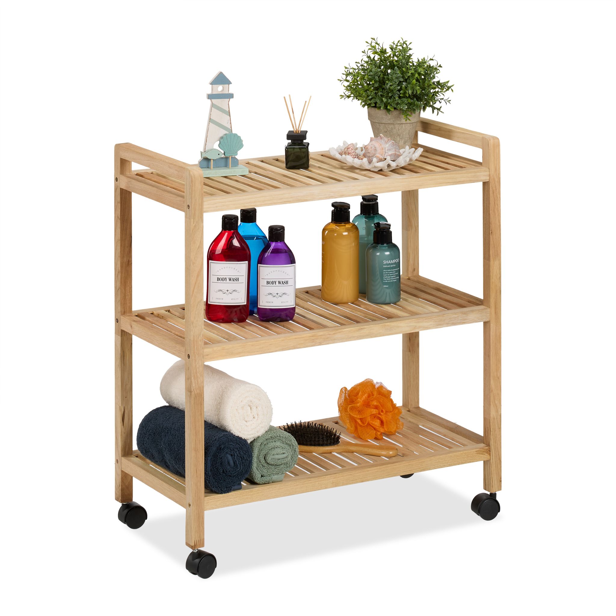 Badregal Holz mit Rollen Hellbraun-Schwarz