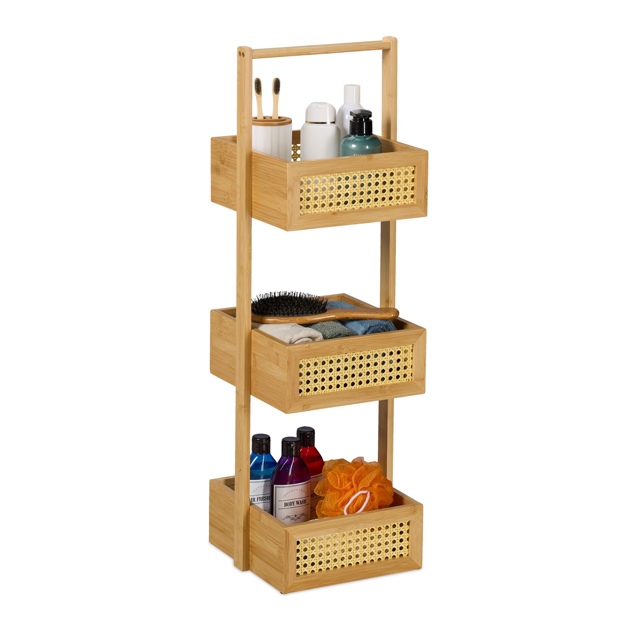 Badregal Bambus & Rattan mit 3 Ablagen Hellbraun