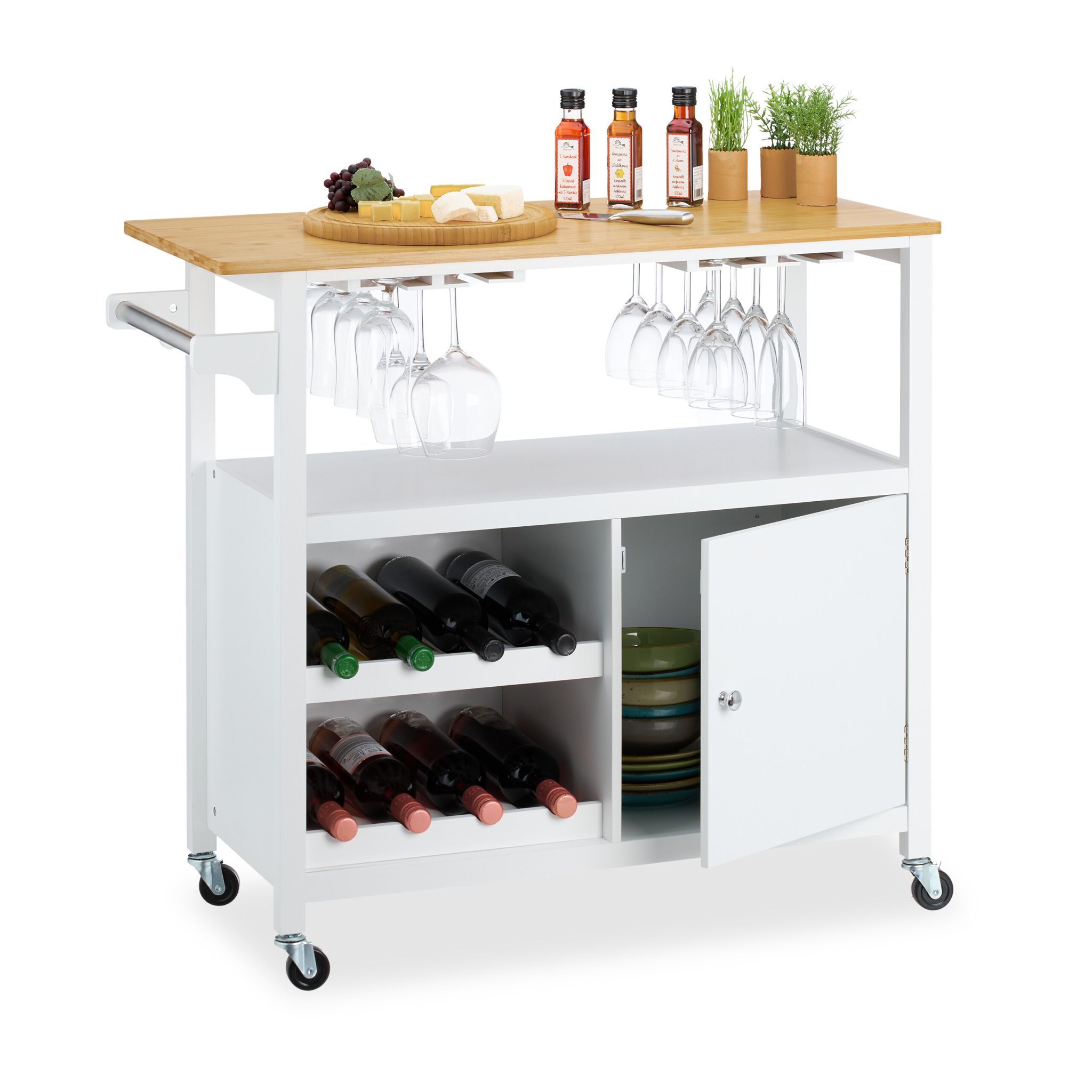 Küchenwagen mit Weinregal & Gläserhalter Weiss-Hellbraun