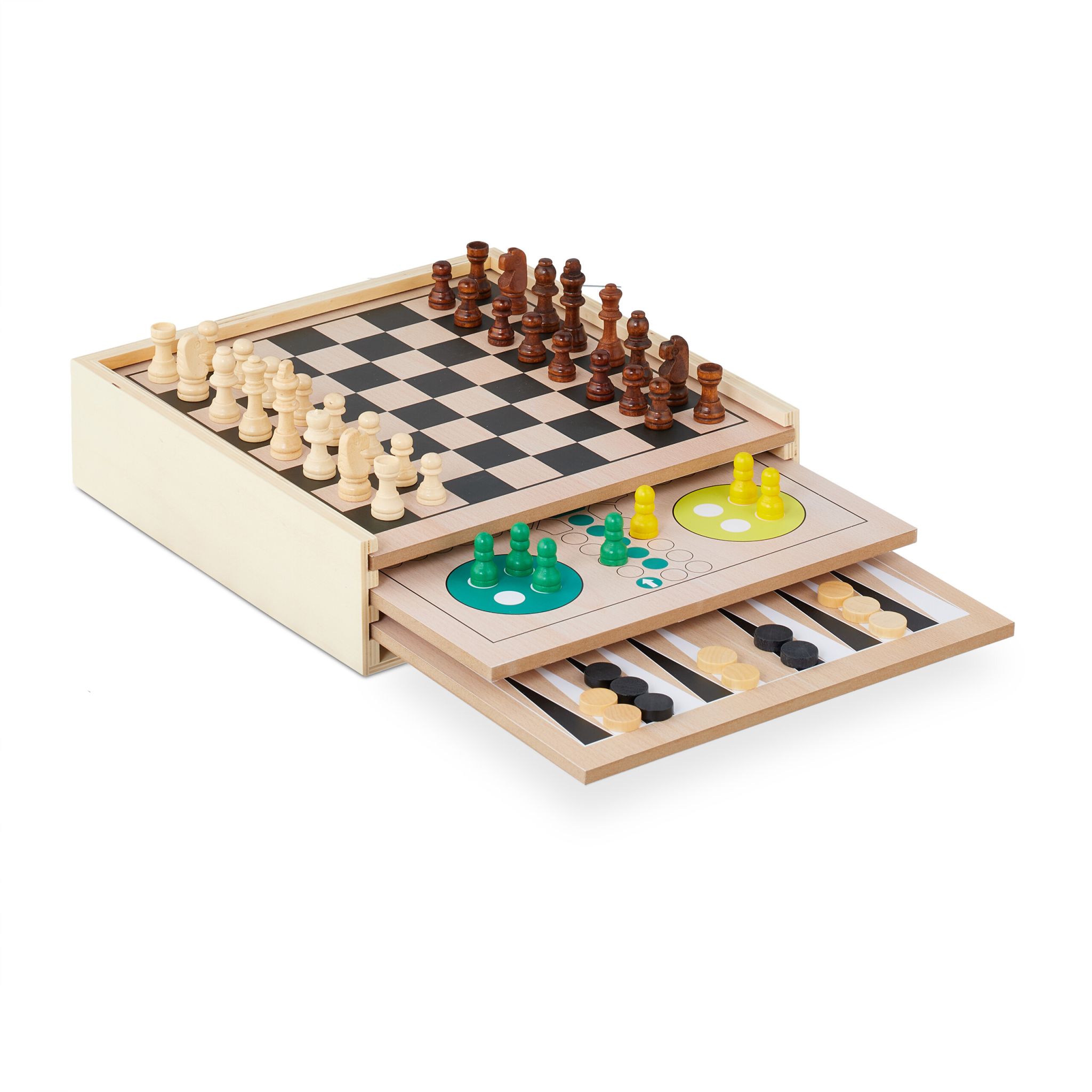 Spielesammlung mit 7 Brettspielen Grün-Hellbraun-Schwarz