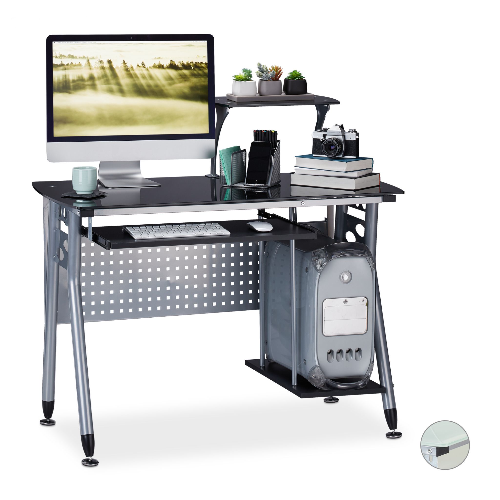 Moderner Computertisch mit Glasplatte Schwarz-Silber