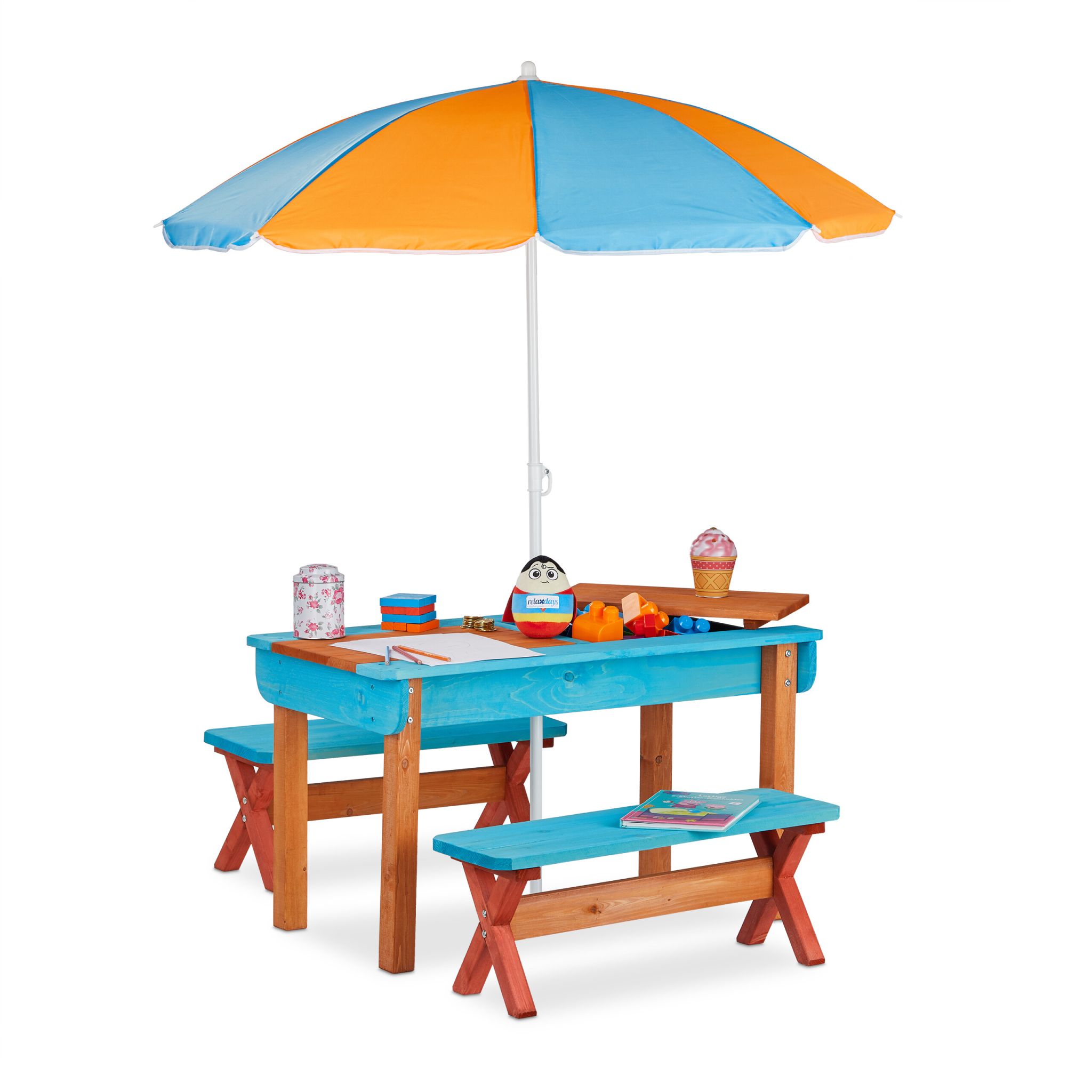Kindersitzgruppe Garten mit Sonnenschirm Hellbraun-Orange-Türkis