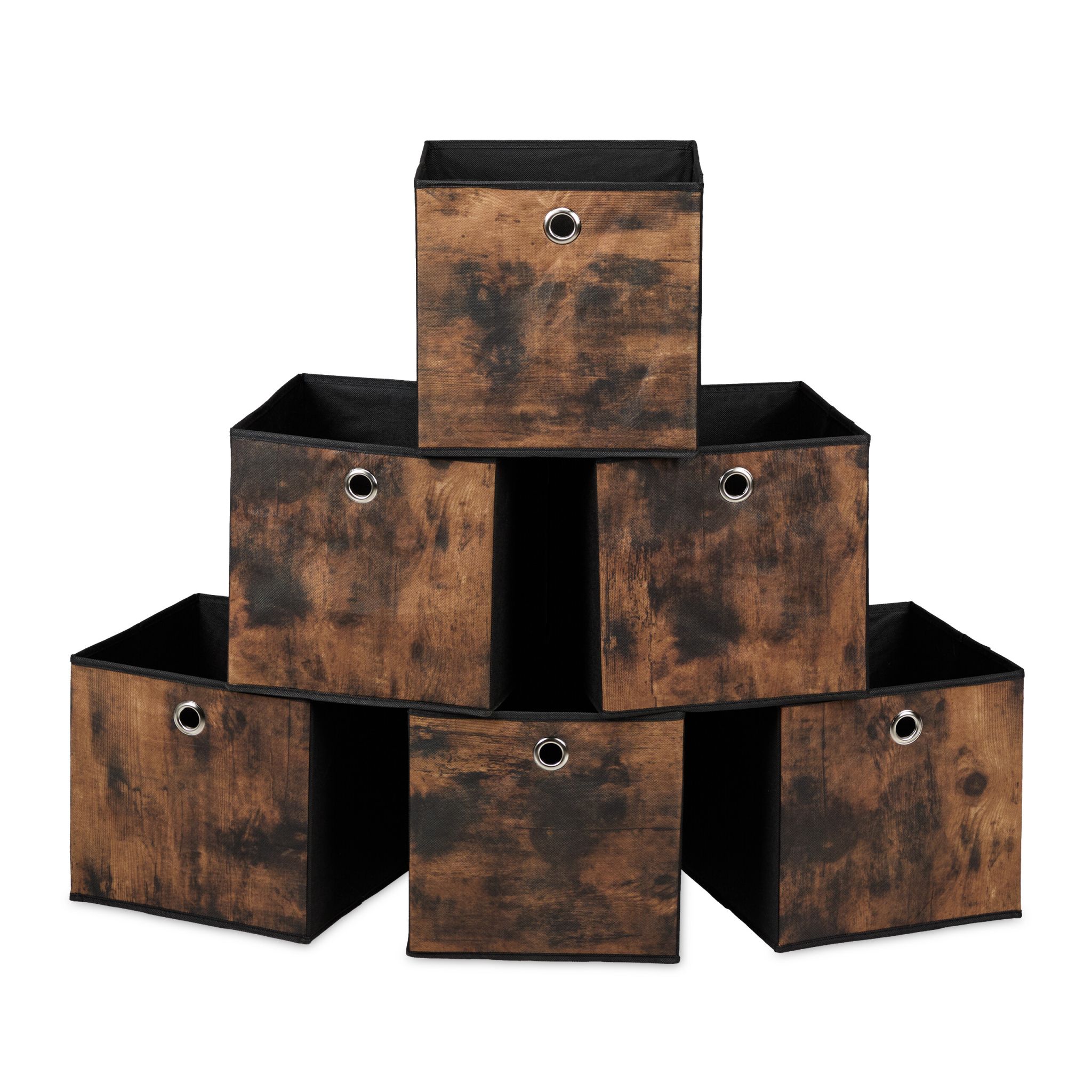 Stoff Aufbewahrungsbox Holzoptik 6er-Set Braun-Schwarz-Silber