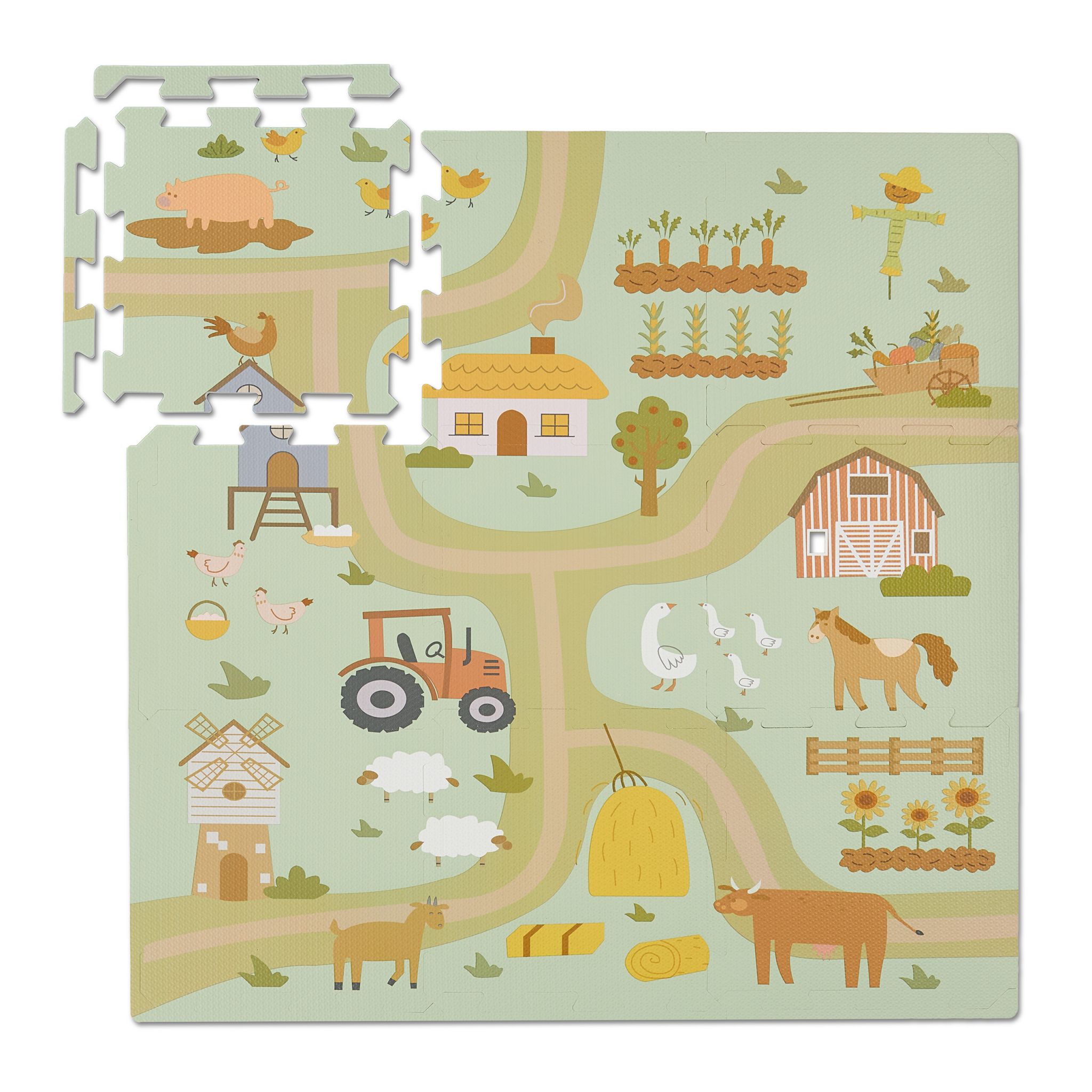 Puzzlematte Bauernhof Beige-Grün-Hellblau
