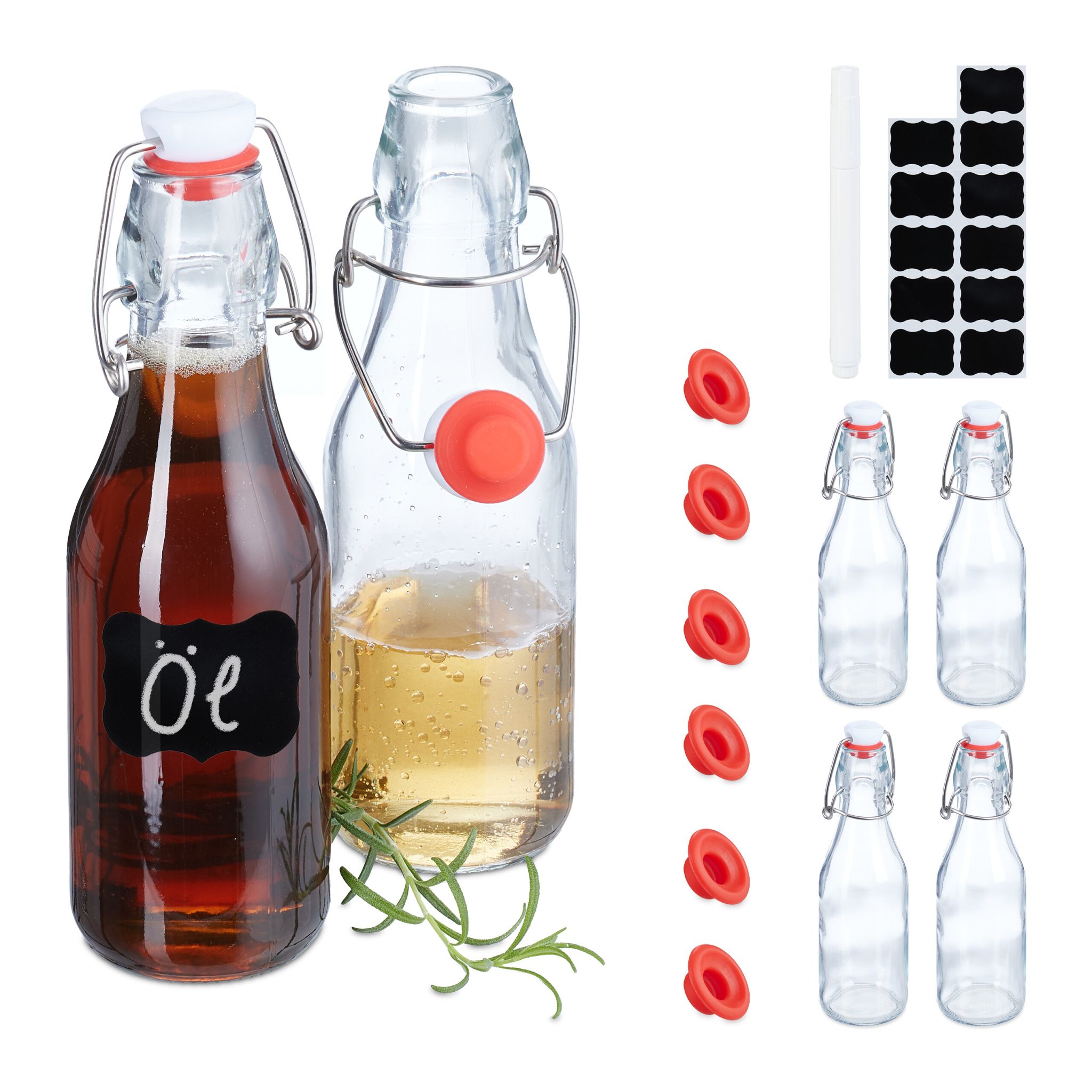 Bügelflaschen 250ml 6er-Set Weiss-Rot-Transparent