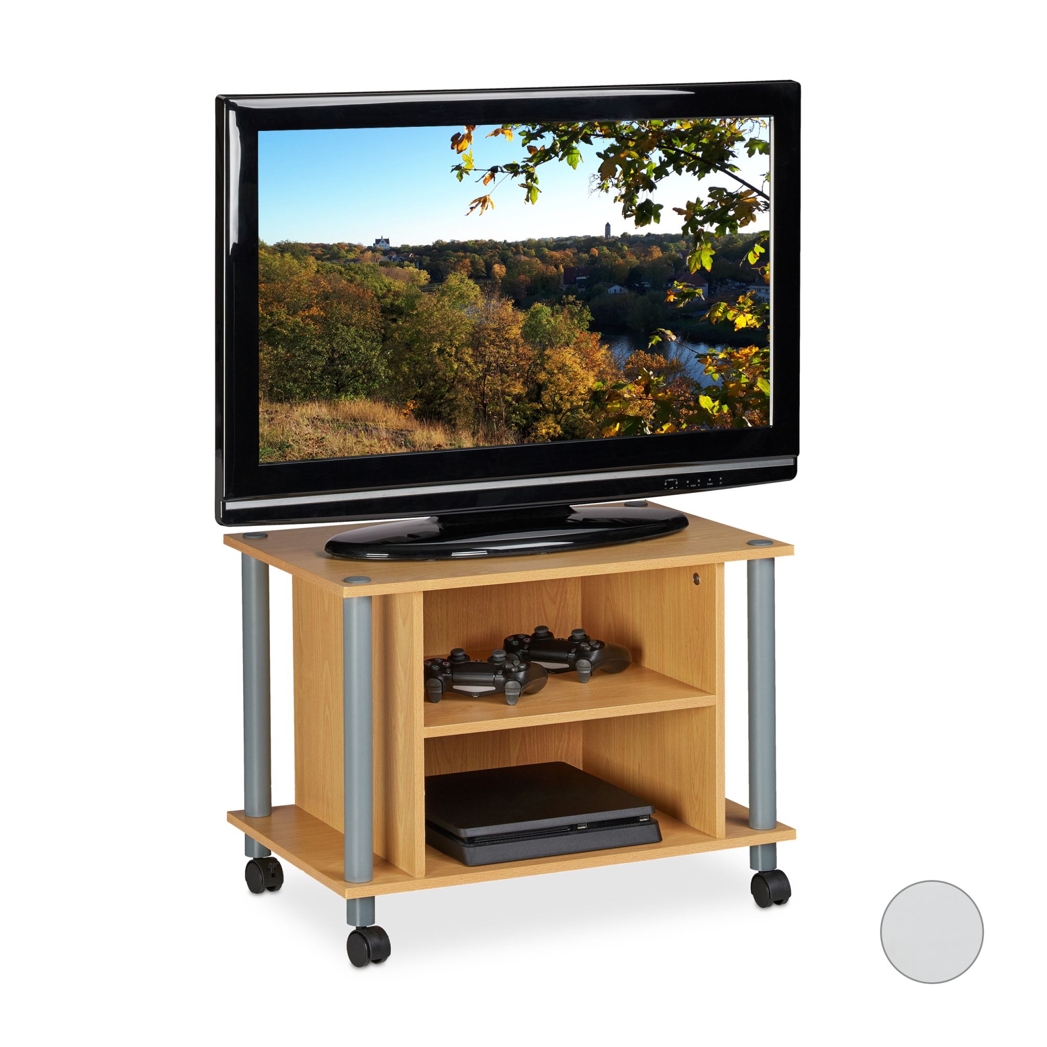 TV Tisch mit Rollen und 2 Fächern Hellbraun-Grau