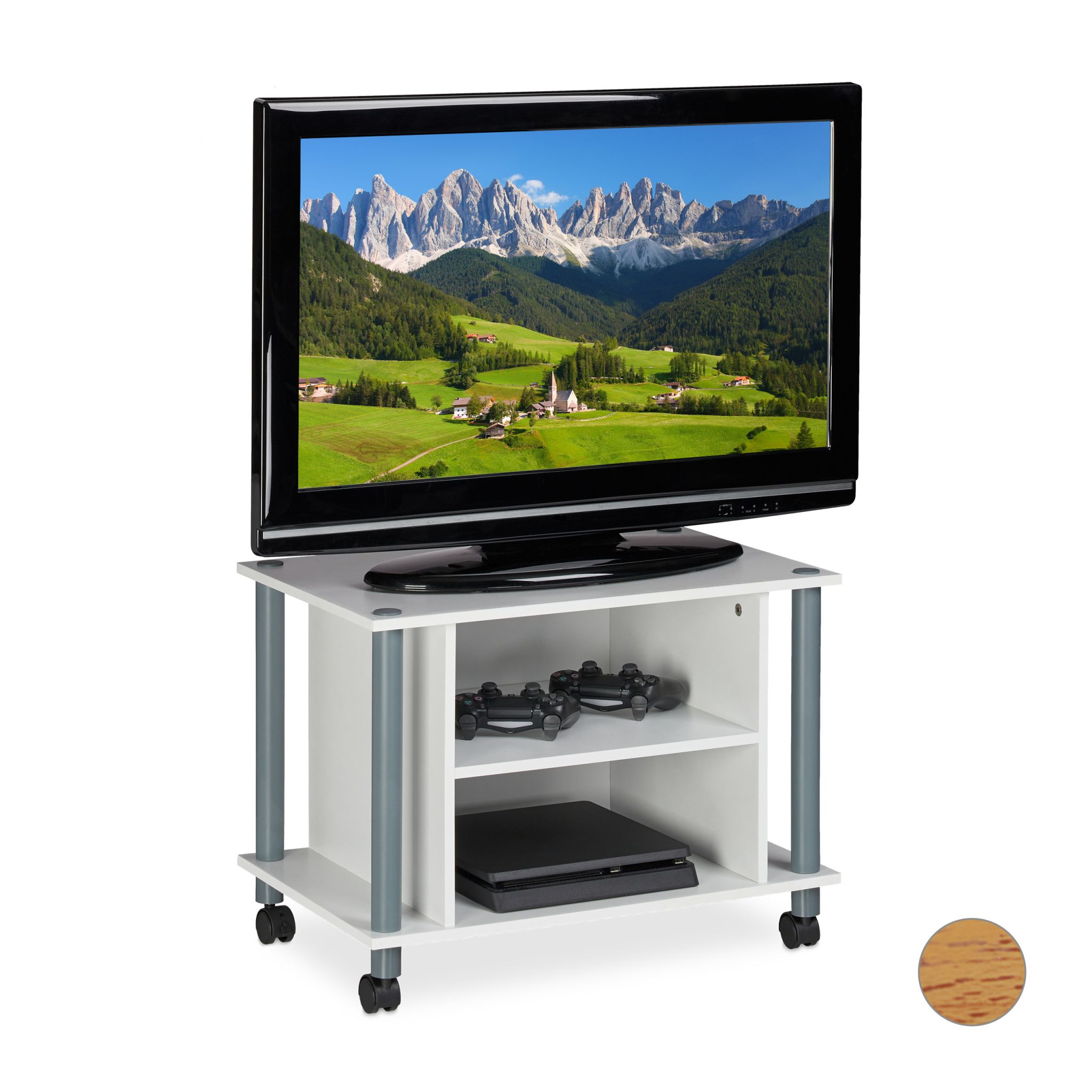 TV Tisch mit Rollen und 2 Fächern Weiss-Grau