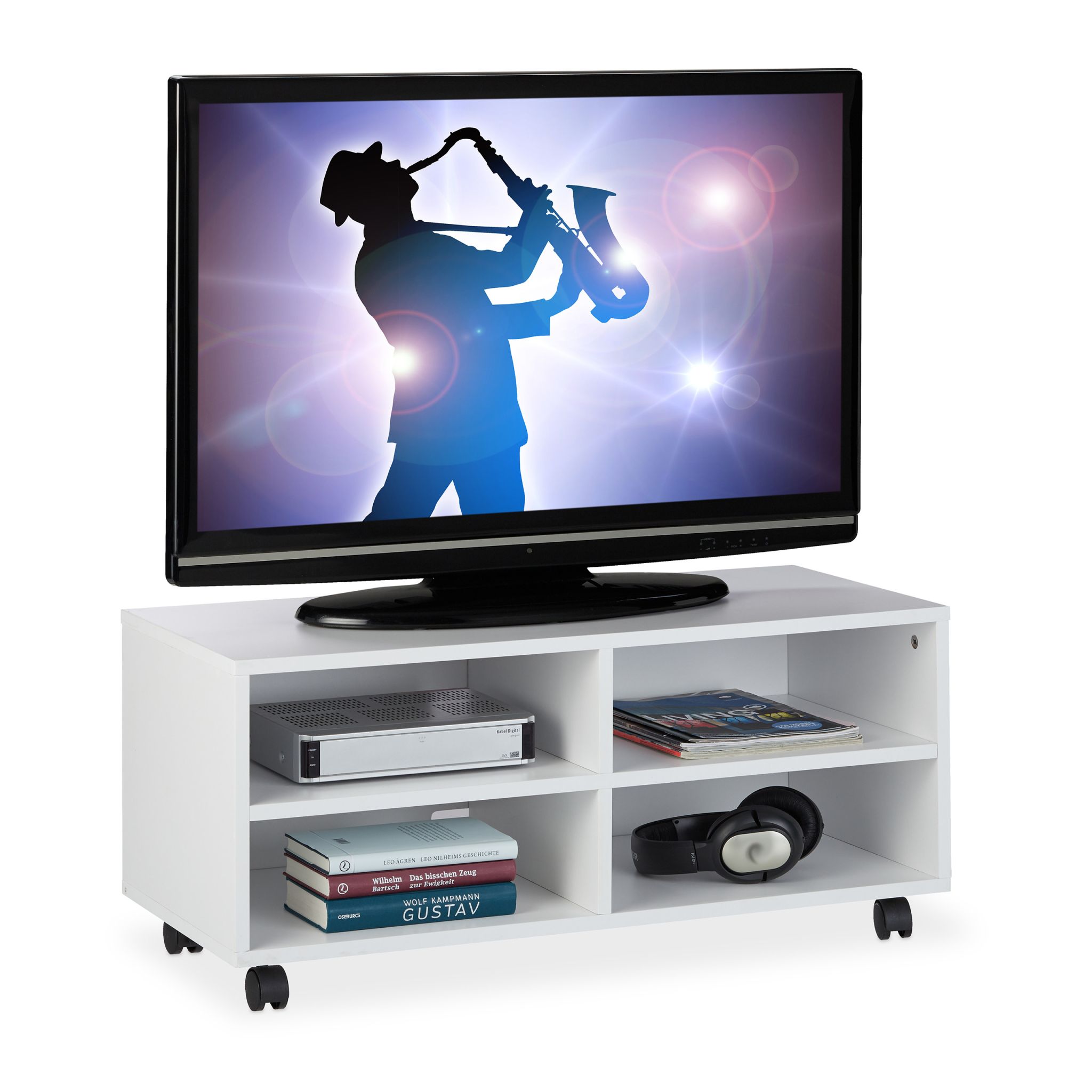TV Board mit 4 Fächern rollbar Weiss